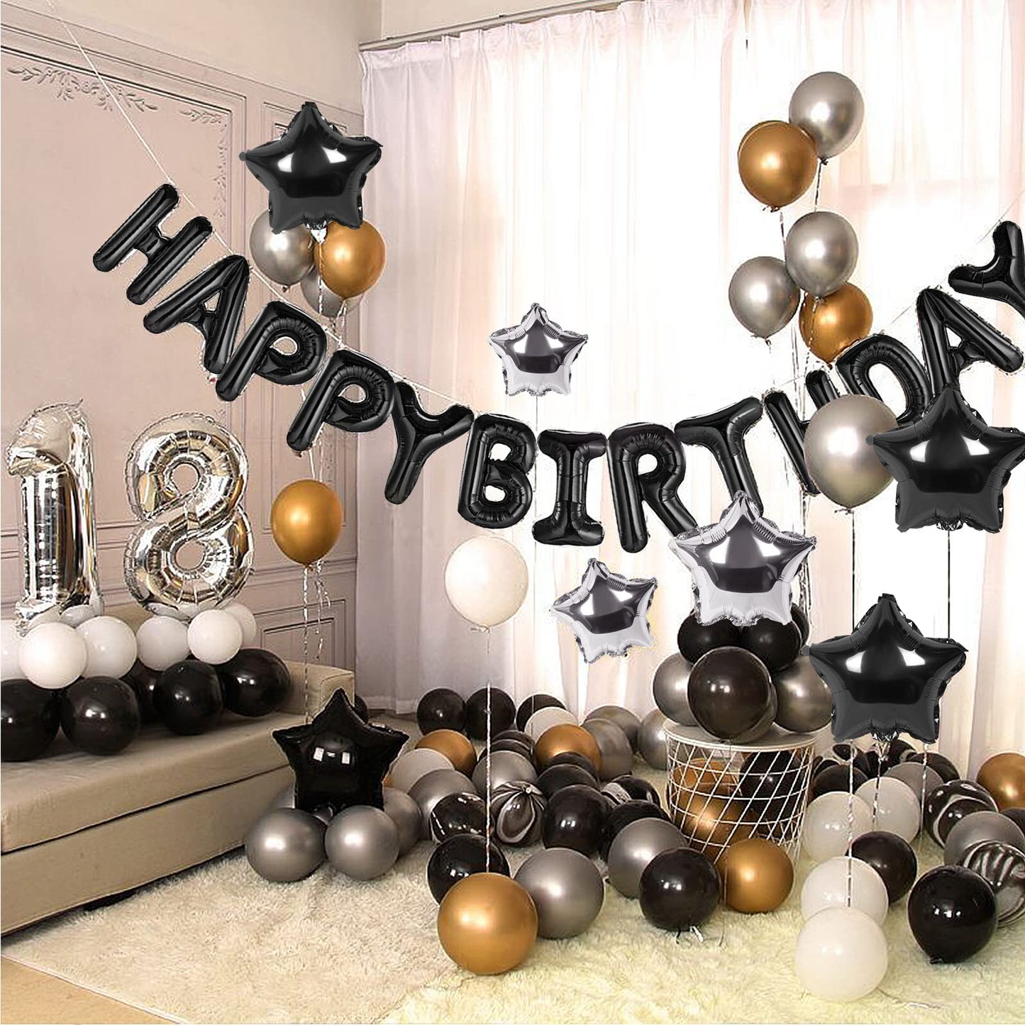Happy Birthday Banner 13pcs 16 Inch Mylar Foil Letters with 12pcs Star Balloons Birthday Party Decorations for Kids and Adults - 3D Black