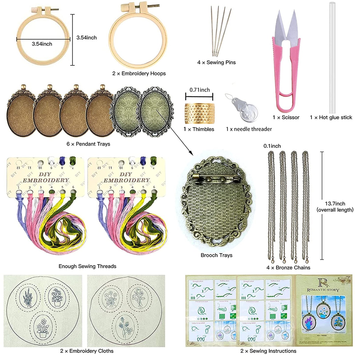 ZOCONE 6 Packs Embroidery Necklace Kits, Embroidery Pendant Kit Mini Cross Stitch Kit with Hoop, Necklace, Pendant, Brooch, Stamped Pattern Cloth, Instructions, etc. Embroidery Kits for Adults