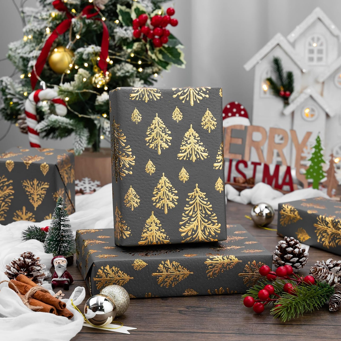 Dark Gray Kraft Christmas Wrapping Paper,Lusury Gold 3D Embossed Foil Christmas Trees Design with Woodlands Wrap Paper for Holiday, Party,Celebration, New Year(17 Inch X 32.8 Feet)