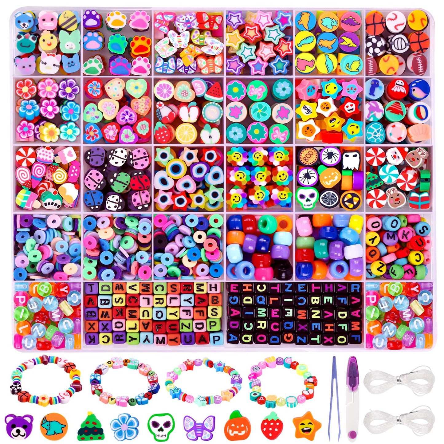 DULEFUN 960pcs Polymer Clay Beads Charms Bracelet Kit 24 Styles Cute Fun Clay Flower Butterfly Heart Animal Letter Pony Beads for Necklace Earring Making Women Girls DIY Accessories