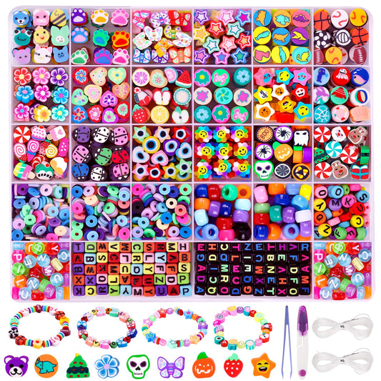 DULEFUN 960pcs Polymer Clay Beads Charms Bracelet Kit 24 Styles Cute Fun Clay Flower Butterfly Heart Animal Letter Pony Beads for Necklace Earring Making Women Girls DIY Accessories