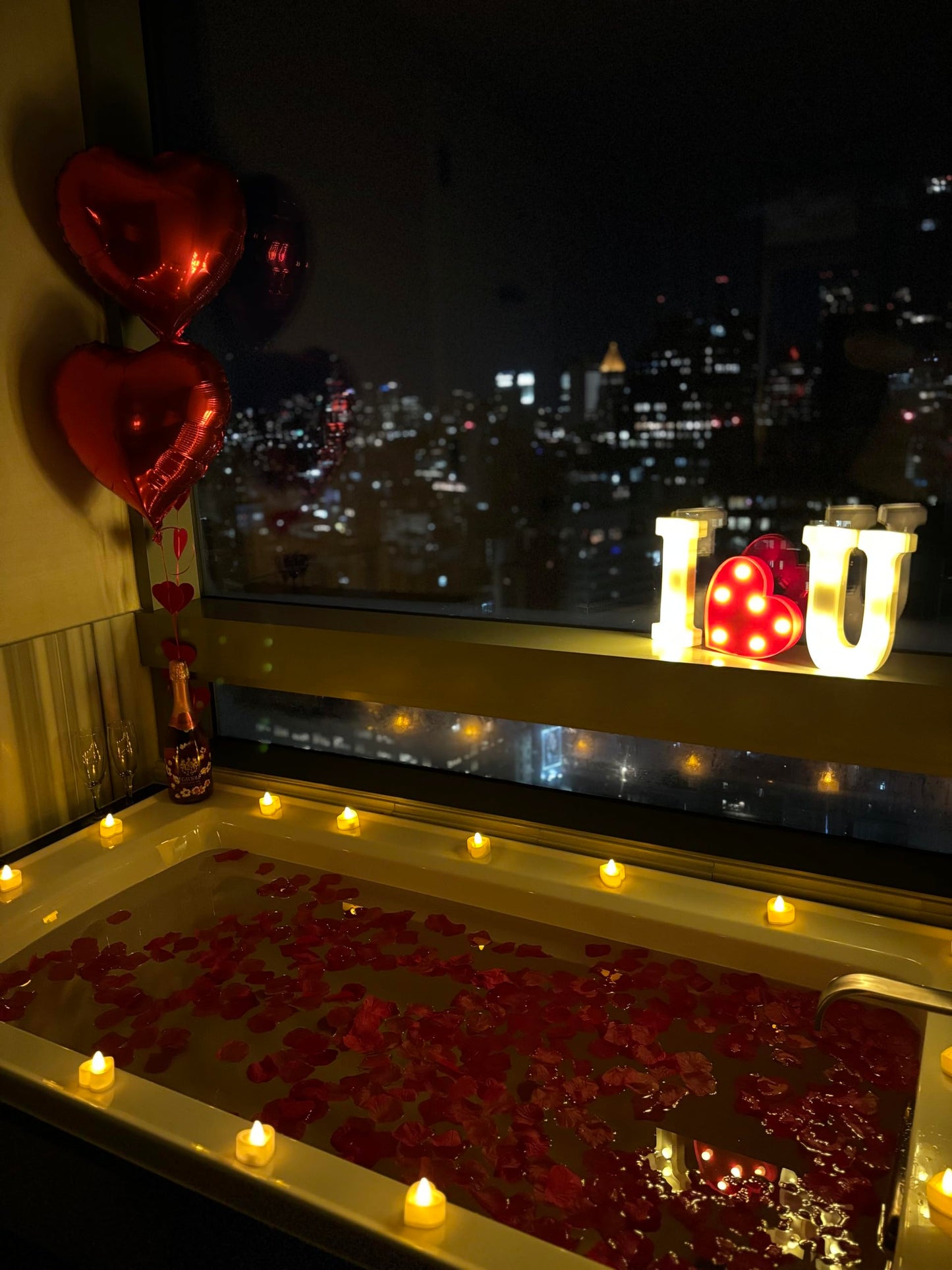 Romantic Decorations Valentines Day, Anniversary, Bedroom Special Night Décor - 3000 Rose Petals, LED & Balloon "I Love You" 36 Heart Candles, 2 Artificial Roses, 144 Red Heart Strings, Heart Balloons
