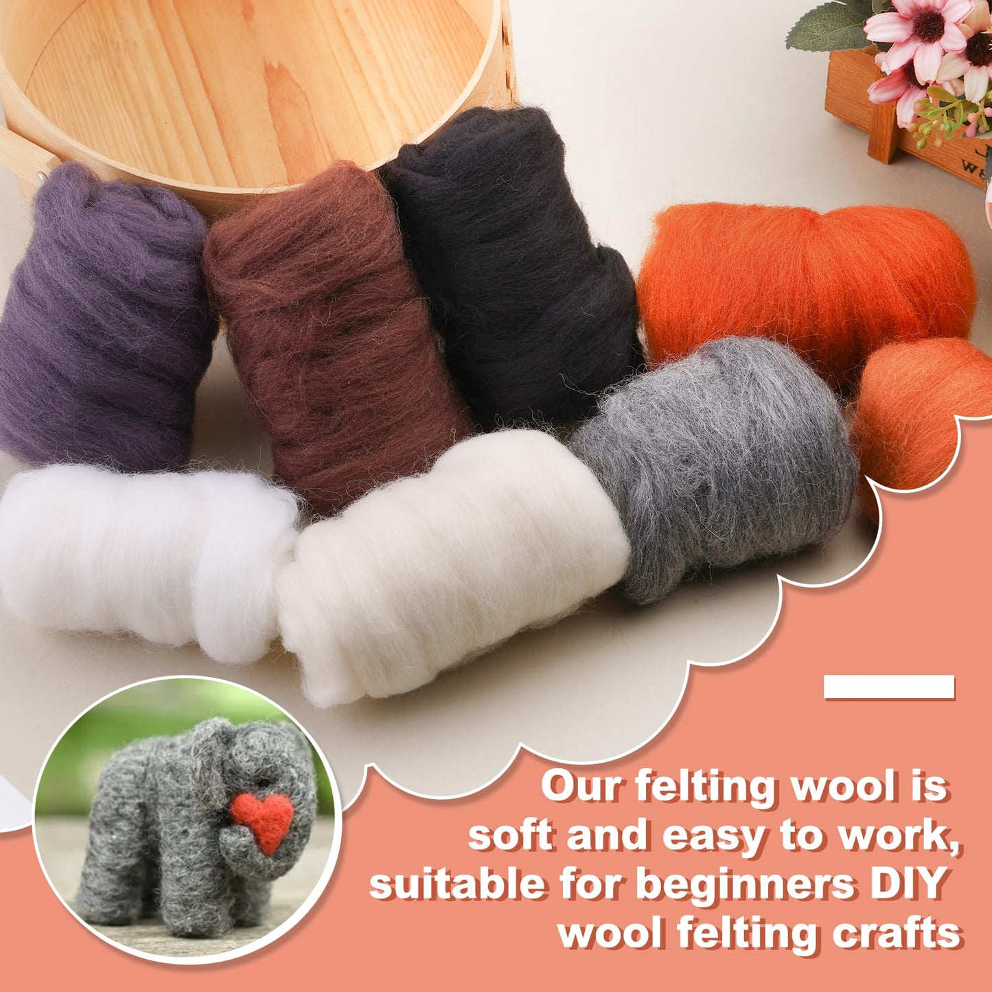 Needle Felting Wool 80 g, Wool Roving, 8 Colors Felting Wool, Felting Wool Bulk, Wool Roving for Needle Felting, for DIY Craft Materials and Felting Wool Craftsmen, White, Black, Brown