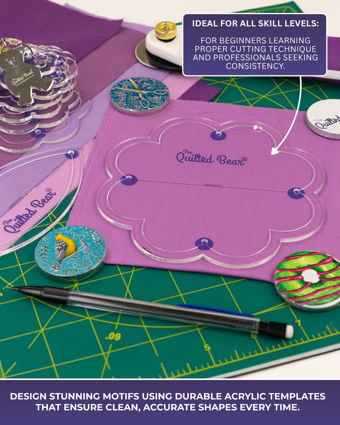 The Quilted Bear Pentagon Quilting Templates – 8 Clear Non-Slip Acrylic Quilt Templates for Precise Fabric Cutting & Stress-Free Machine Quilting - Ideal for Quilt & Sewing Supplies (¾–3")