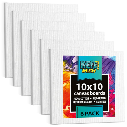 KEFF Canvas Boards for Painting - 10x10 6-Pack Bulk Canvas Panels, 100% Cotton Triple Primed Large Canvases for Art Painting Supplies, Acrylic, Oil, Watercolor & Tempera