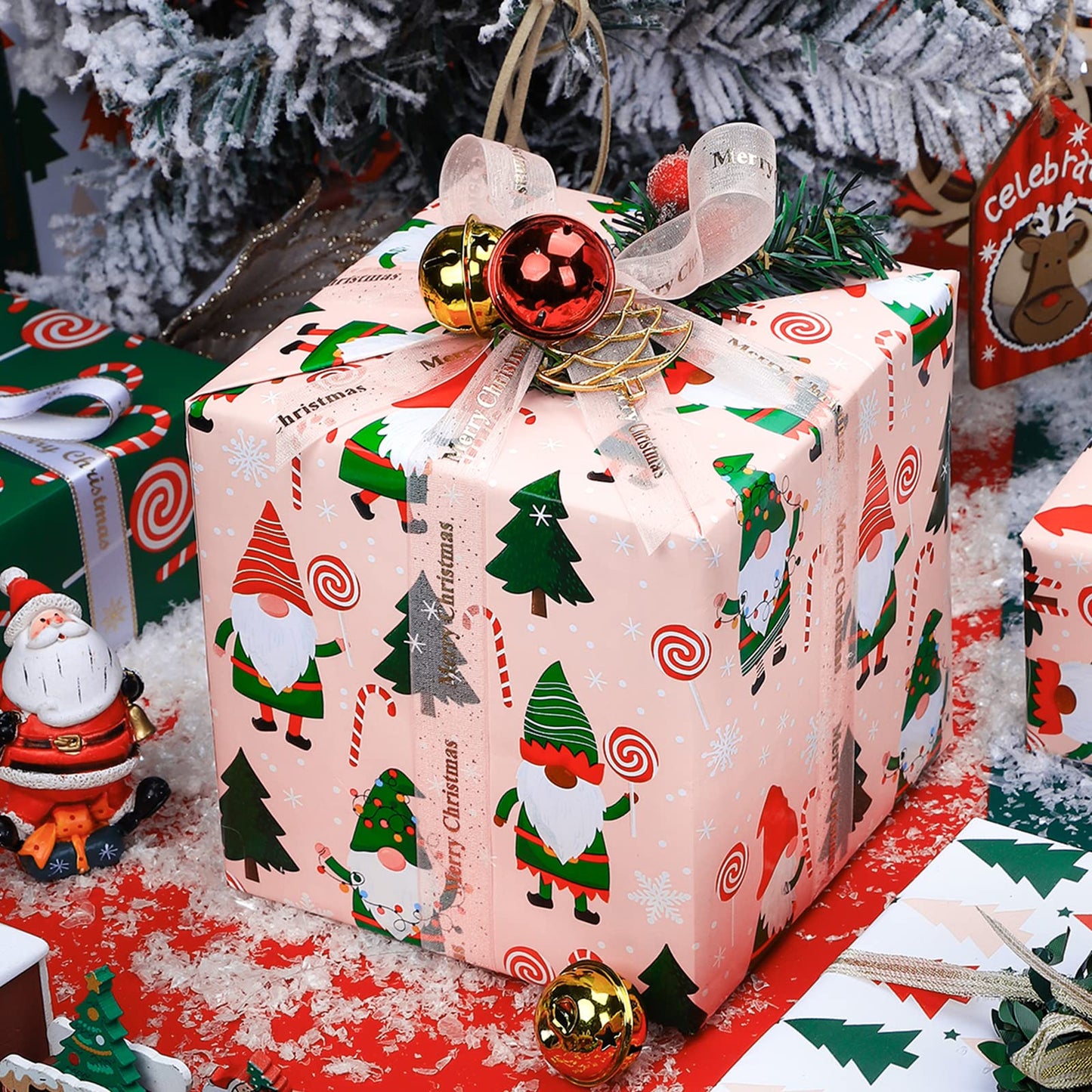Reversible Gnome Christmas Wrapping Paper - Mini Roll - 17 Inch x 33 Feet - RRed Green Gnome Wrapping Paper and Pink White Polka Dots for Christmas, Holiday, Party