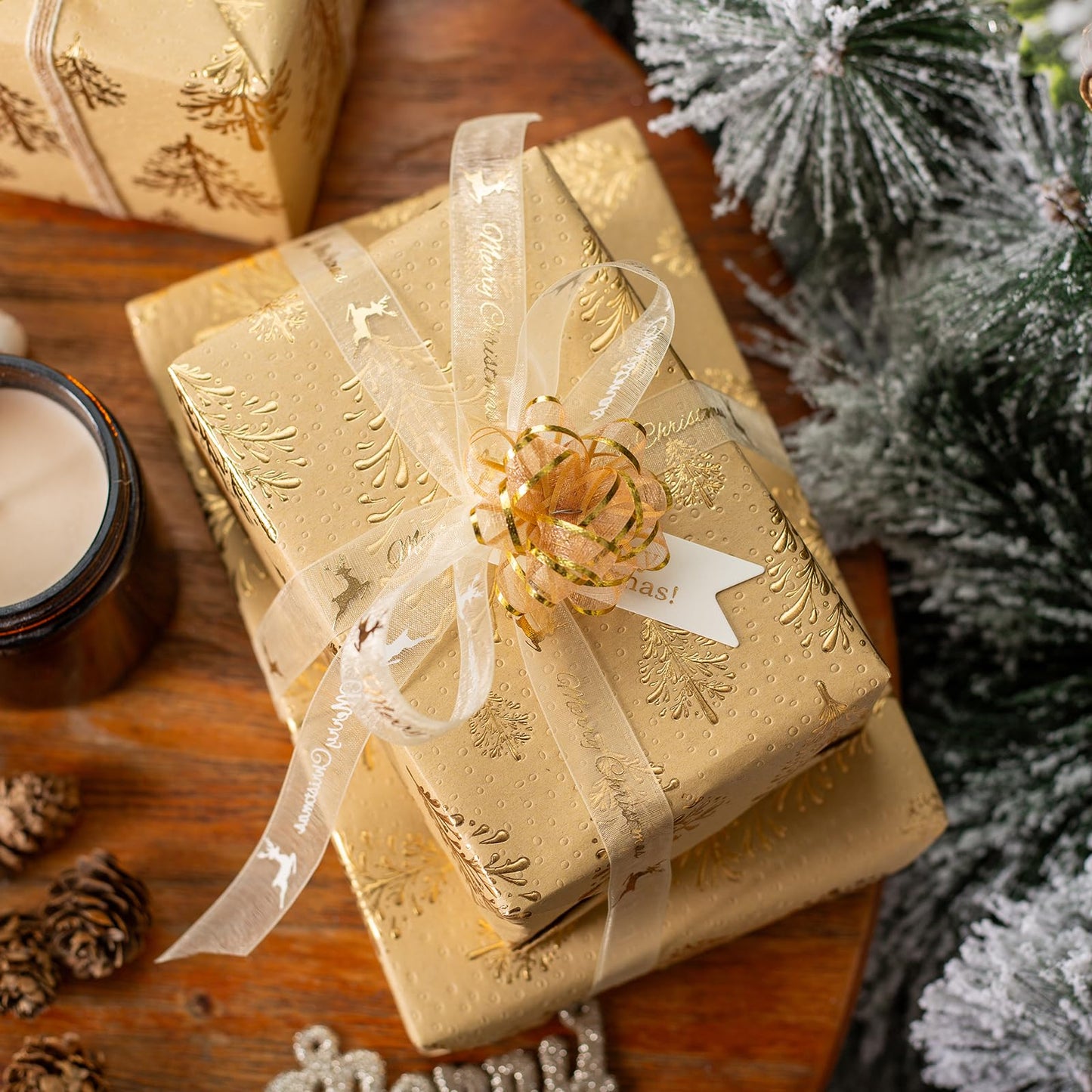 Kraft Christmas Wrapping Paper,Gold Lusury 3D Embossed Foil Christmas Trees Wrap Paper for Holiday, Party,Celebration, New Year (17 Inch X 32.8 Feet)