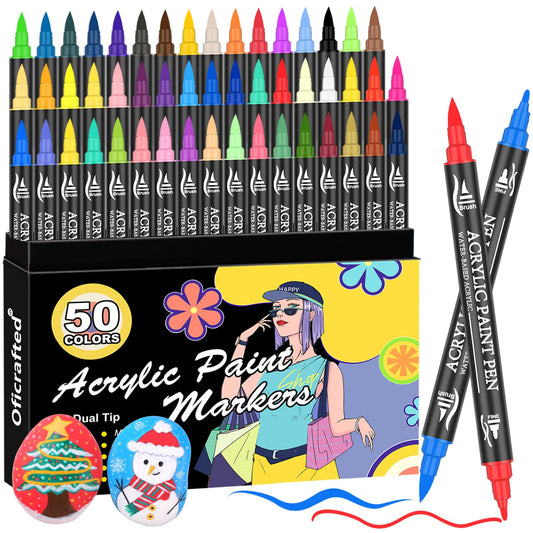 Acrylic Paint Pens, 50 Colors Dual Tip Markers with Fine and Brush Tip, Premium Marking Pens Set for Rock, Wood, Plastic, Fabric Painting and DIY Crafts