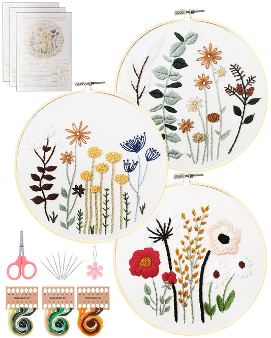 Santune 3 Sets Embroidery Kit,Cross Stitch Kits for Beginners,Needlepoint Kits for Adults with Easy Stamped Floral Pattern Fabric Hand Crafts,Hoop,Needle,Women DIY Hanging Plants,Sewing Hobby