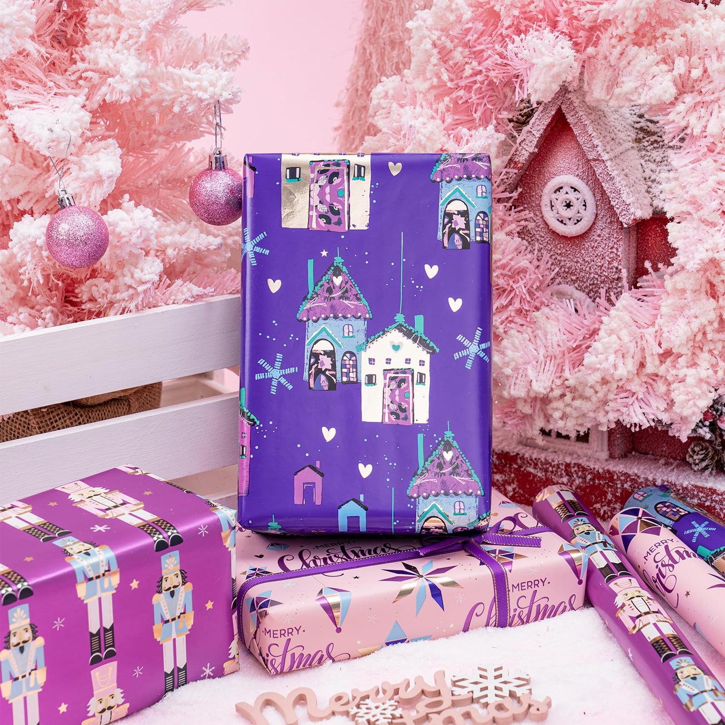 Christmas Wrapping Paper Roll - Mini Roll - 3 Rolls - 17 Inch X 120 Inch Per Roll - Pink and Purple Nutcracker, House Holiday Collection with Metallic Foil Shine