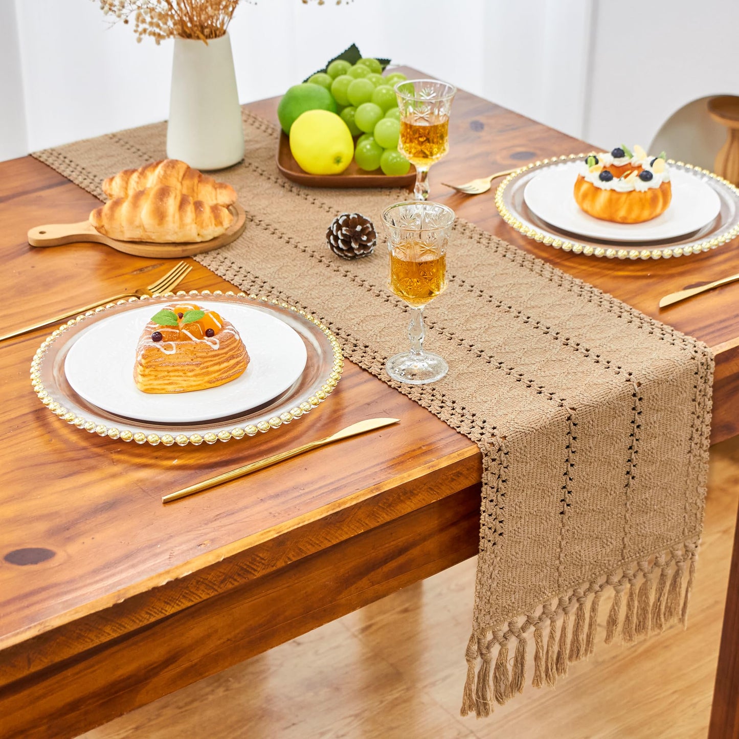 Brown Table Runner Boho Fall Burlap Coffee with Tassels 72 Inches Long for Farmhouse Home Decor Modern for Bohemian Dining Bedroom Decor Rustic Style