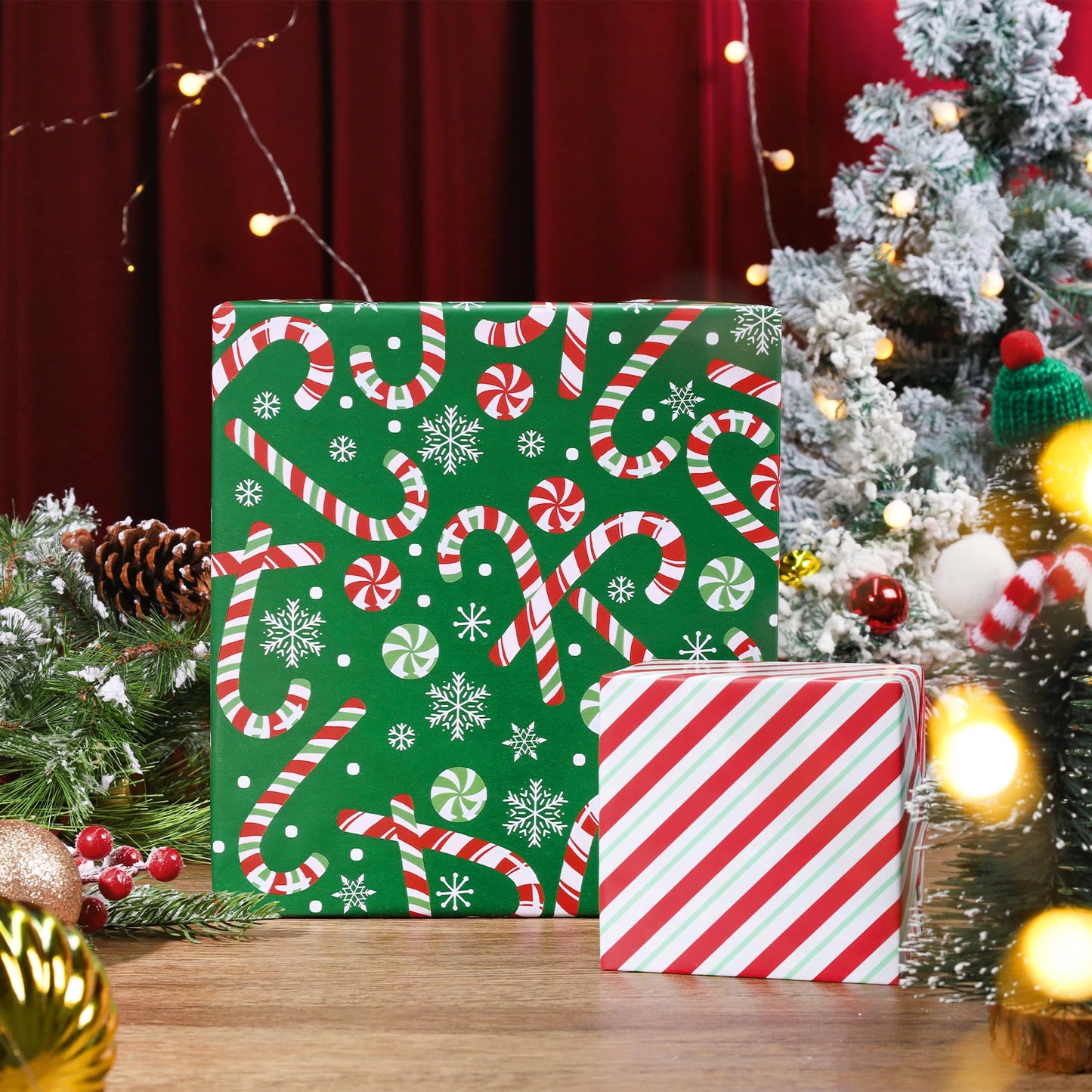 Reversible Green Christmas Wrapping Paper Roll, Classic Candy Cane & Red Striped Gift Wrap for Christmas, Holiday, Winter Party, 17 Inch x 33 Feet