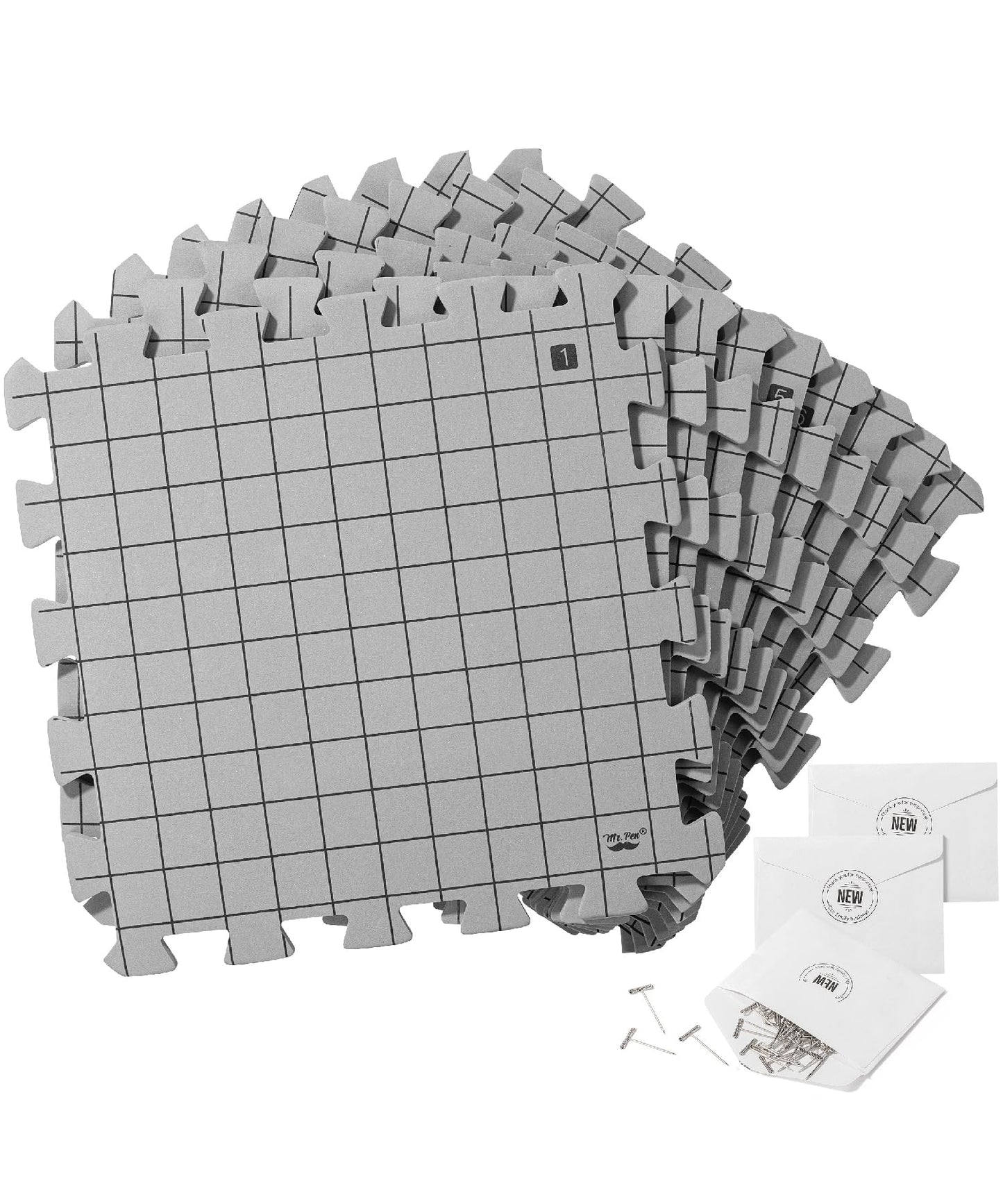 Blocking Mats for Knitting & Crochet Projects, 12" x 12", 9 Pack with 150 pcs T-Pins, Gray Aligned Grid Knitting Blocking Mats and Pins, Water & Heat Resistant