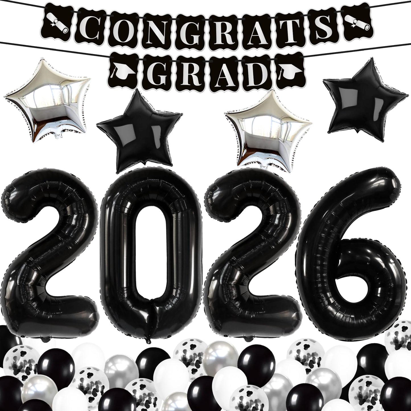 KatchOn, Black and Silver Graduation Decorations 2026 Set - Huge, Pack Of 43 | 2026 Balloons, Congrats Grad Banner | Black Graduation Decorations 2026 | Black and White 2026 Graduation Decorations