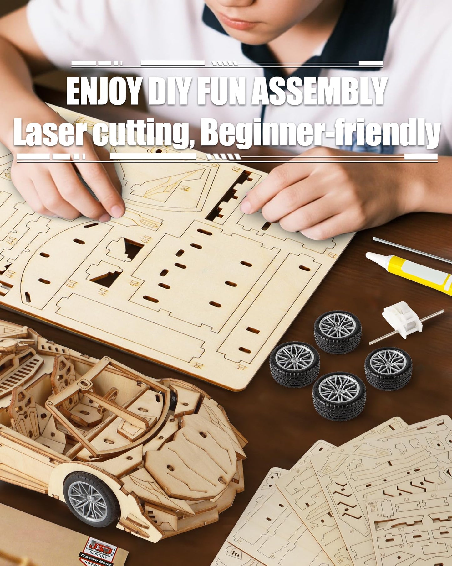 MOCBURIKU 3D Wooden Puzzles for Adults Roadster, Mechanical Wood Sport Car Model Kits for Adult to Build, DIY Assembly Building Toys with Pull Back Function, 119pcs Wood Craft Hobby Gift for Men Teens