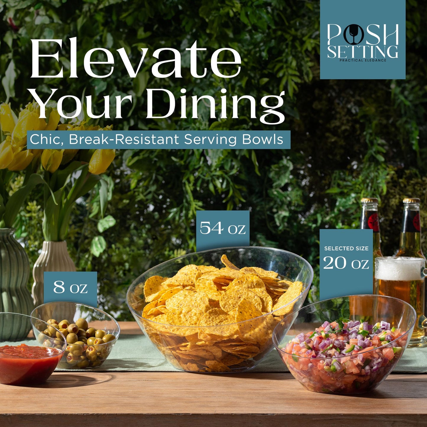 Posh Setting Crystal Clear, Disposable Premium Hard Plastic Medium Angled Bowl, Party, Salad, Snack and Fruit Bowl 5 Pack