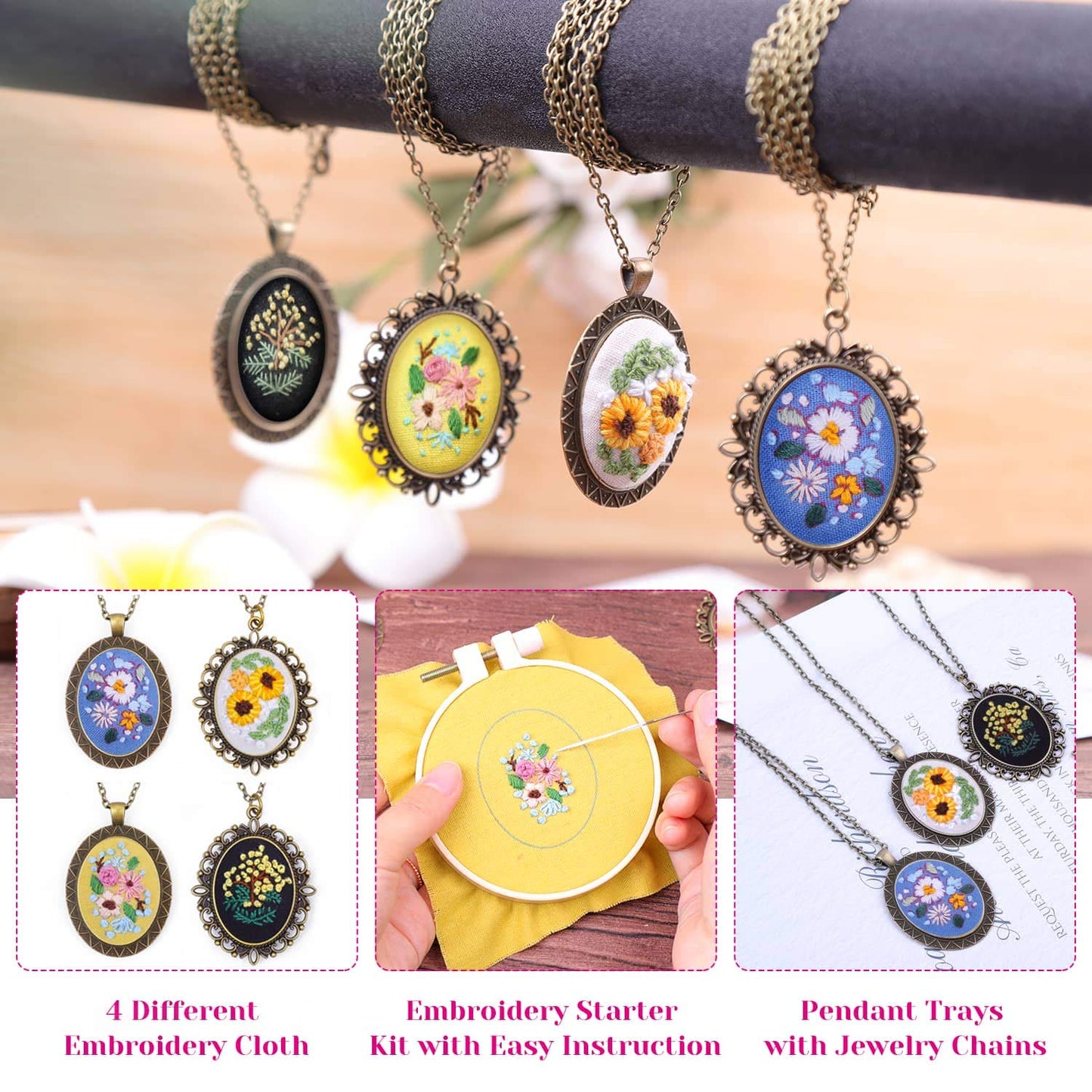 Embroidery Starter Kit - Beginner Friendly with Cross Stitch Patterns, Floral Embroidery Cloth, Pendant Trays & Hoops