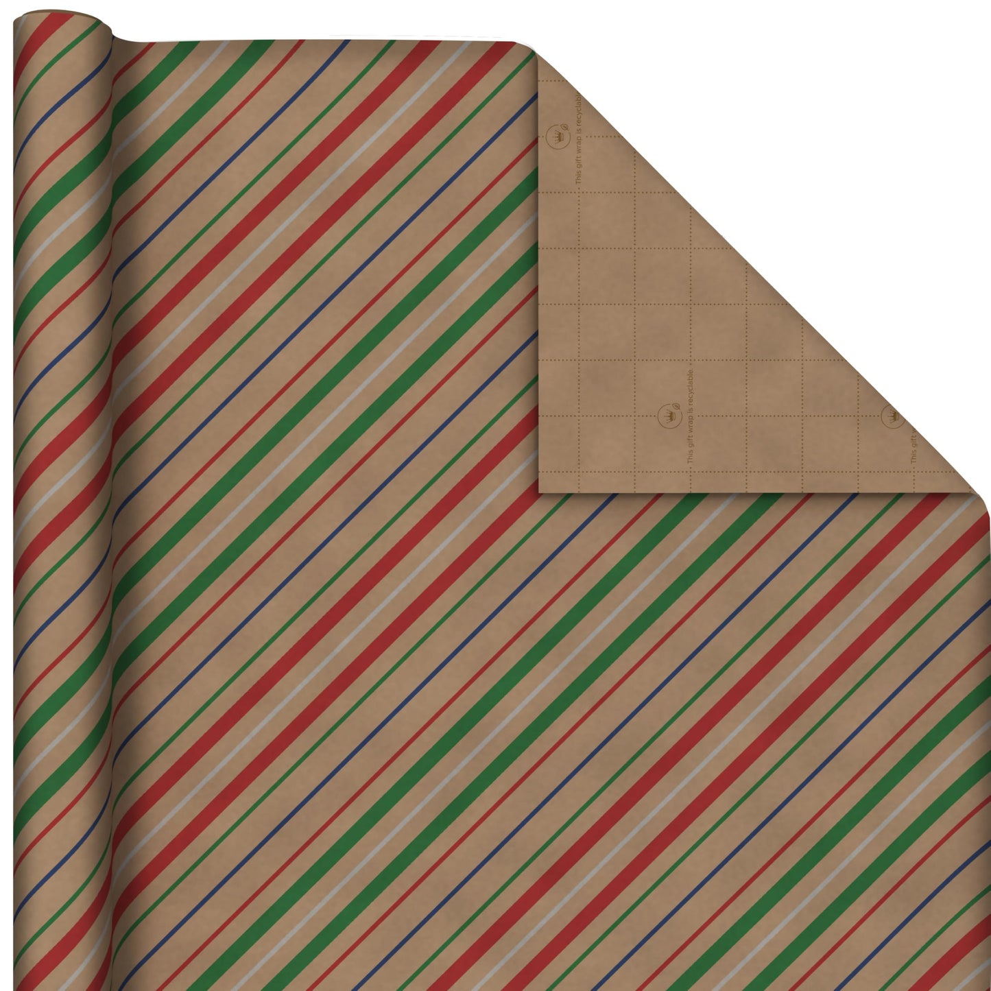 Recyclable Christmas Wrapping Paper for Kids with Cut Lines on Reverse (4 Rolls: 88 sq. ft. ttl) Kraft Brown with Christmas Lights, Deer, Snowflakes, Red, Green, Blue Stripes (0005JXW1212)