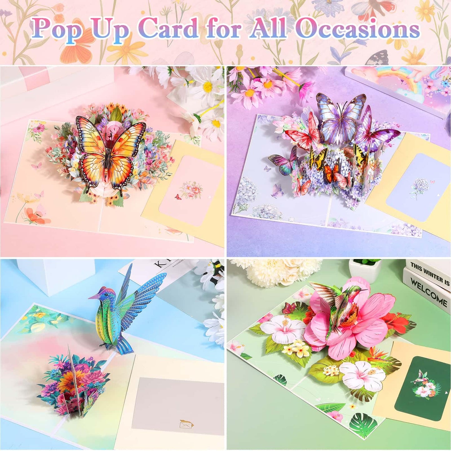 Tidponra 4 Pack Butterfly Flower Pop Up Cards, Hummingbird Birthday Card 3D Greeting Cards for Mother's Day, Graduation, Anniversary, Thinking of You, Get Well, Home Decor, with Envelope and Note