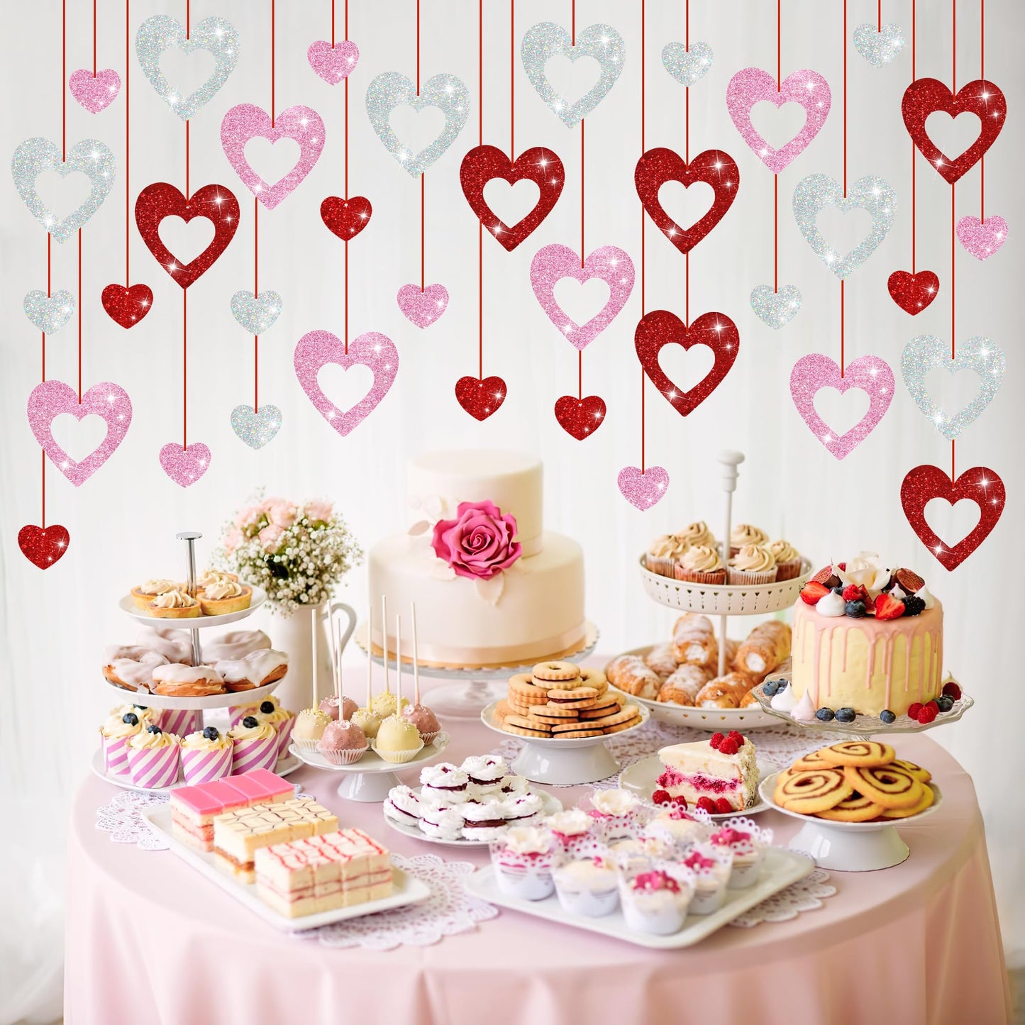 36 Pcs Valentine's Day Decorations Glitter Heart Hanging Swirls - No DIY Red Pink Silver Heart Hanging Decorations Party Decoration Swirls Ornaments for Valentines Day Party Supplies Decorations
