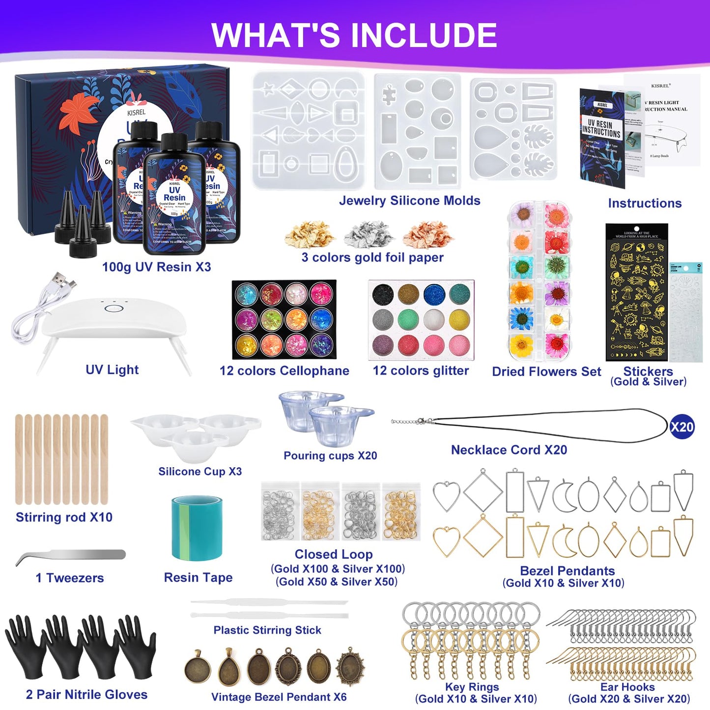 UV Resin Jewelry Making Kit, 300g Crystal Clear Resin with Light and Molds, DIY Jewelry Making Kit, Resina Starter Kits for Keychain and Earring