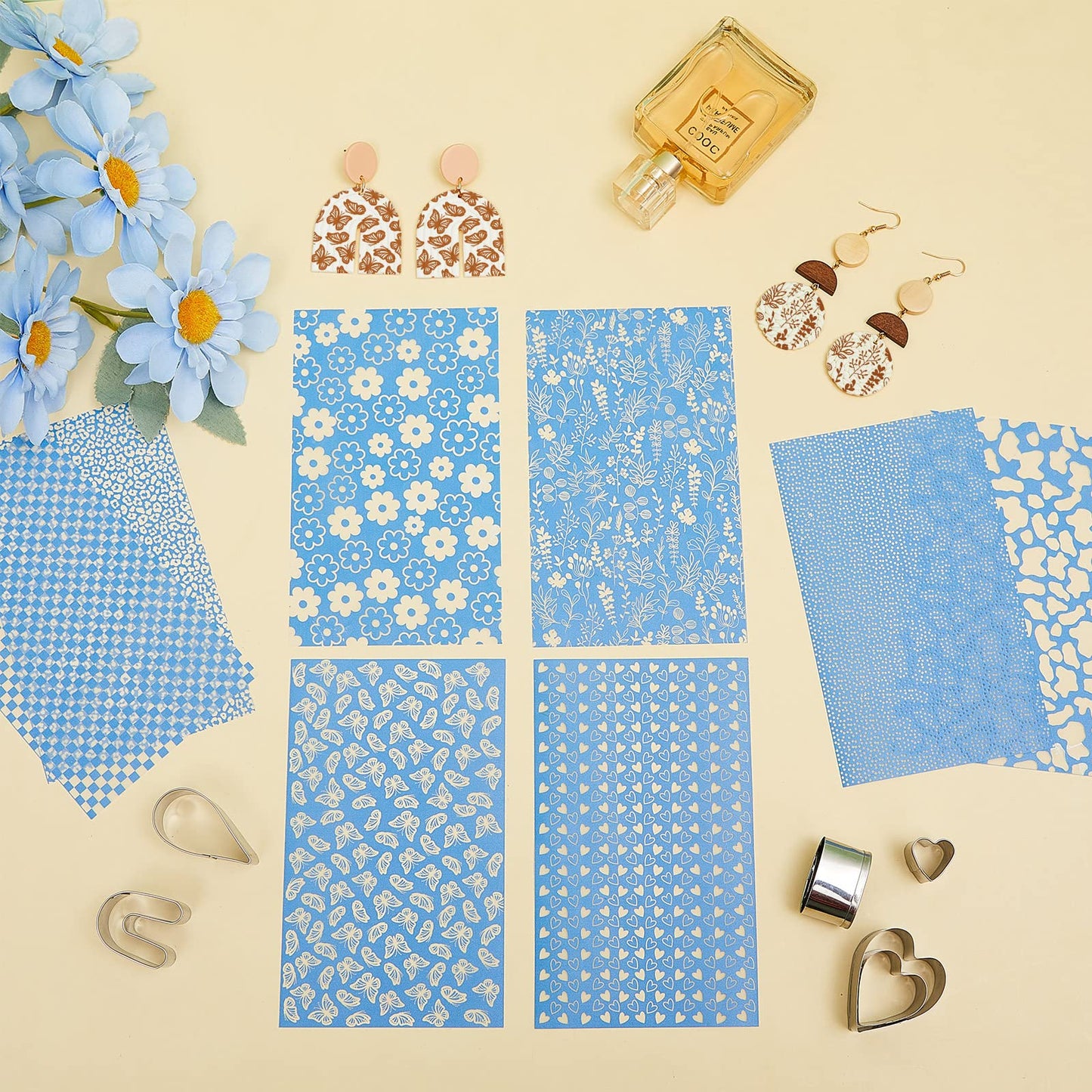 9 Pcs Silk Screen Stencil for Polymer Clay Texture Sheet Cutter Tool Reusable Silkscreen Print Kit with Scraper Self Adhesive Silk Screen Printing for Jewelry Earring Making DIY Craft Supply (Flower)