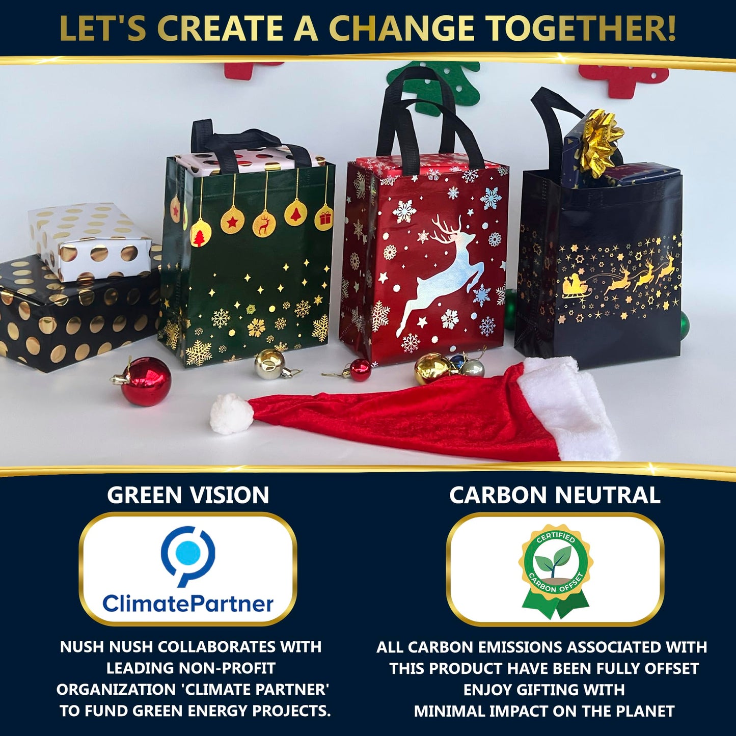 12 Christmas Gift Bags with Handles – Reusable Christmas Bags for Gifts Medium Size - Holiday Gift Bags in Festive Red, Green & Navy Blue Mix - Perfect Party Favor Bags for Xmas - 8x4x10