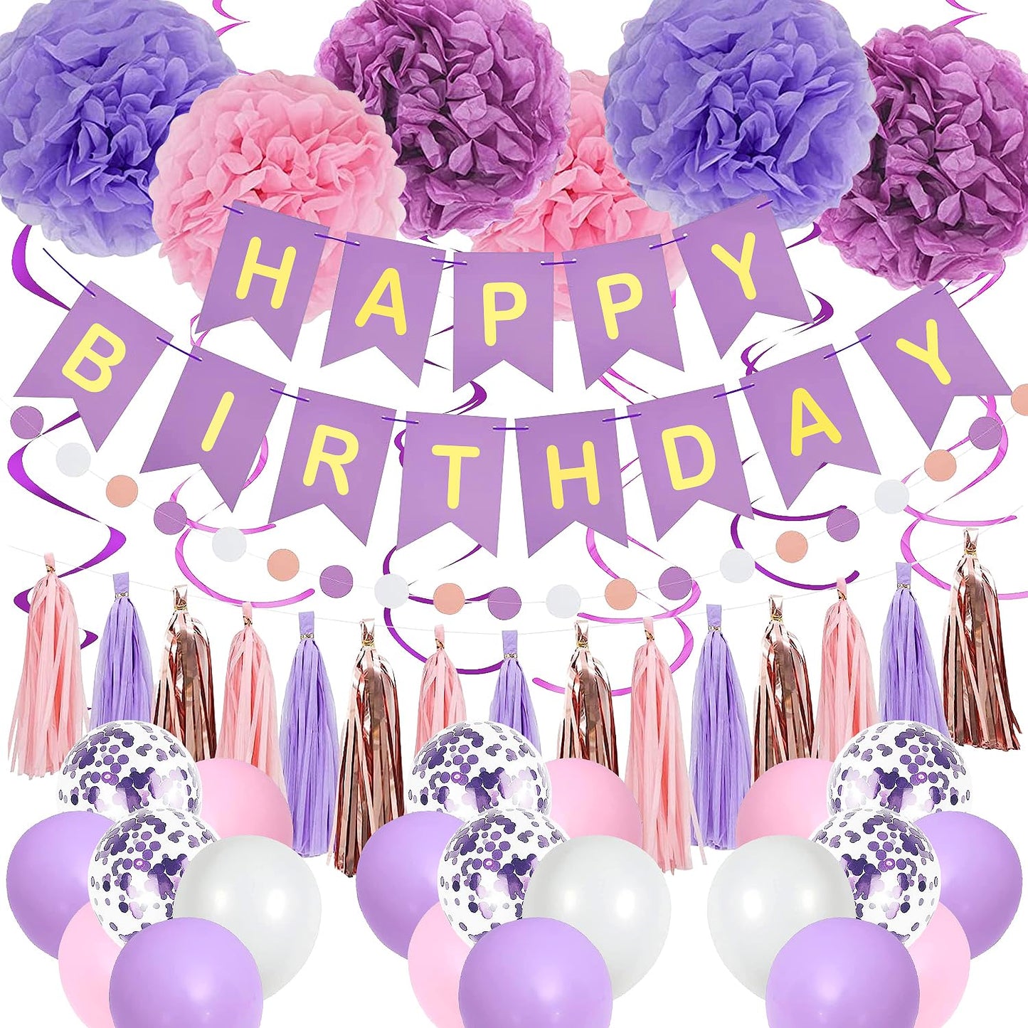 Purple Pink Birthday Party Decorations for Women Girls with Happy Birthday Banner,Hanging Swirls,Tissue Paper Pompoms,Circle Dots Garland,Tassel Garland Purple Birthday Balloons (Purple)
