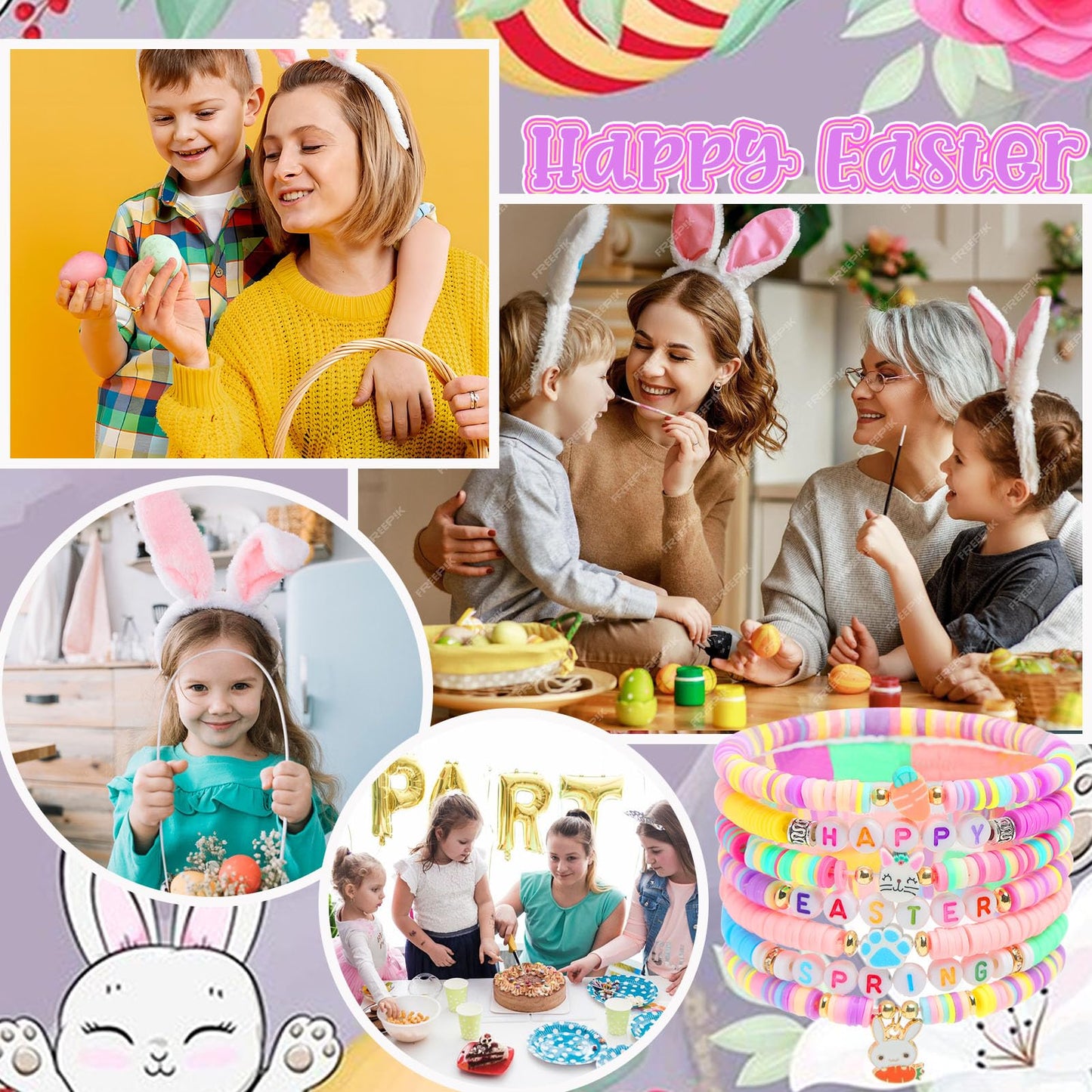 7pcs Easter Heishi Bracelets Polymer Clay Elastic Bracelet Man Woman Party Easter Bunny Egg Bracelets (Easter Happy Bracelet)