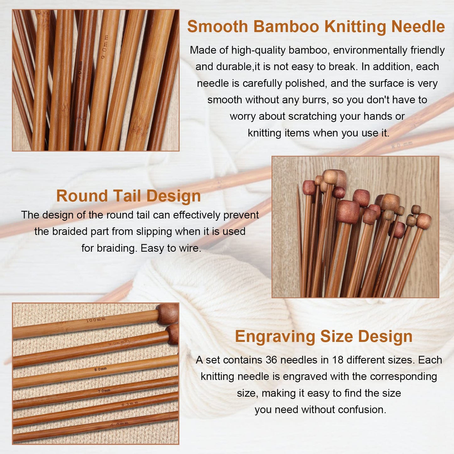 Bamboo Knitting Needles 18 Pairs Knitting Needles Set - 10 Inches Wooden Knitting Needle Single Point Knitting Needles with Roll Bag - Portable Knitting Needle Set for Beginners (2mm - 10mm)