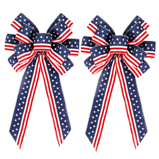 2 Pack 4th of July Decor Bow for Wreath,Red White Blue Stripe Stars Tree Topper Bows for Patriotic,Independence Day,Memorial Day,Veteran's Day,Front Door Indoor Outdoor Decorations