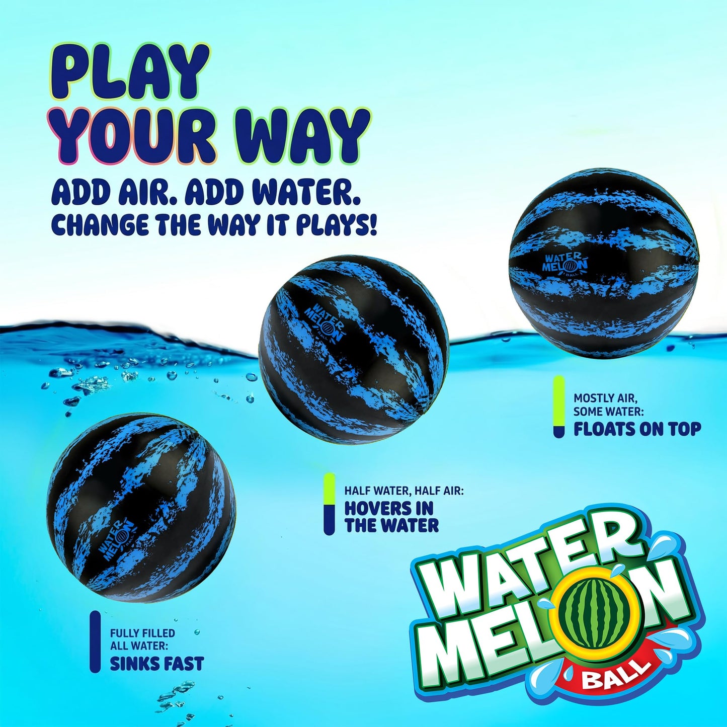 Watermelon Ball – The Ultimate Swimming Pool Game for Under Water Passing, Dribbling, Diving and Pool Games for Teens, Kids, or Adults, Balls Fills with Water, Blue, 9 inches