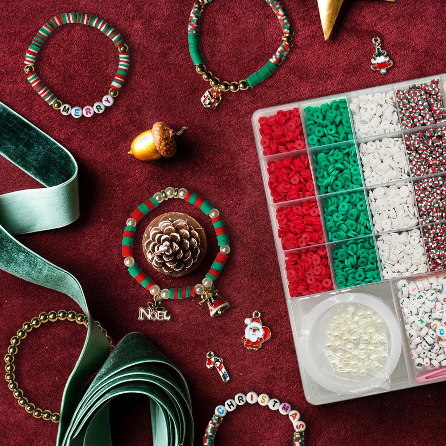 Dayify Christmas Bracelet Making Kit, Christmas Clay Beads Kit for Bracelets, Gold Beads Letter Beads Friendship Bracelet Kit with Christmas Charms for Jewelry DIY Craft Girls Adults Gift