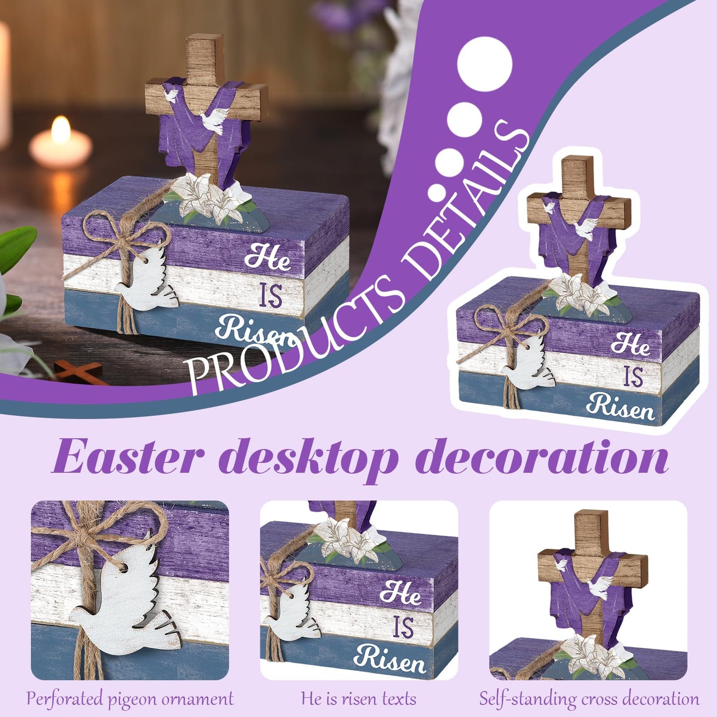 Ferraycle 4 Pcs Easter Decorations He is Risen Wooden Table Sign Religious Wood Centerpiece Easter Cross Blocks Farmhouse Tiered Tray Decor for Fireplace Home Kitchen Table Shelf Decor