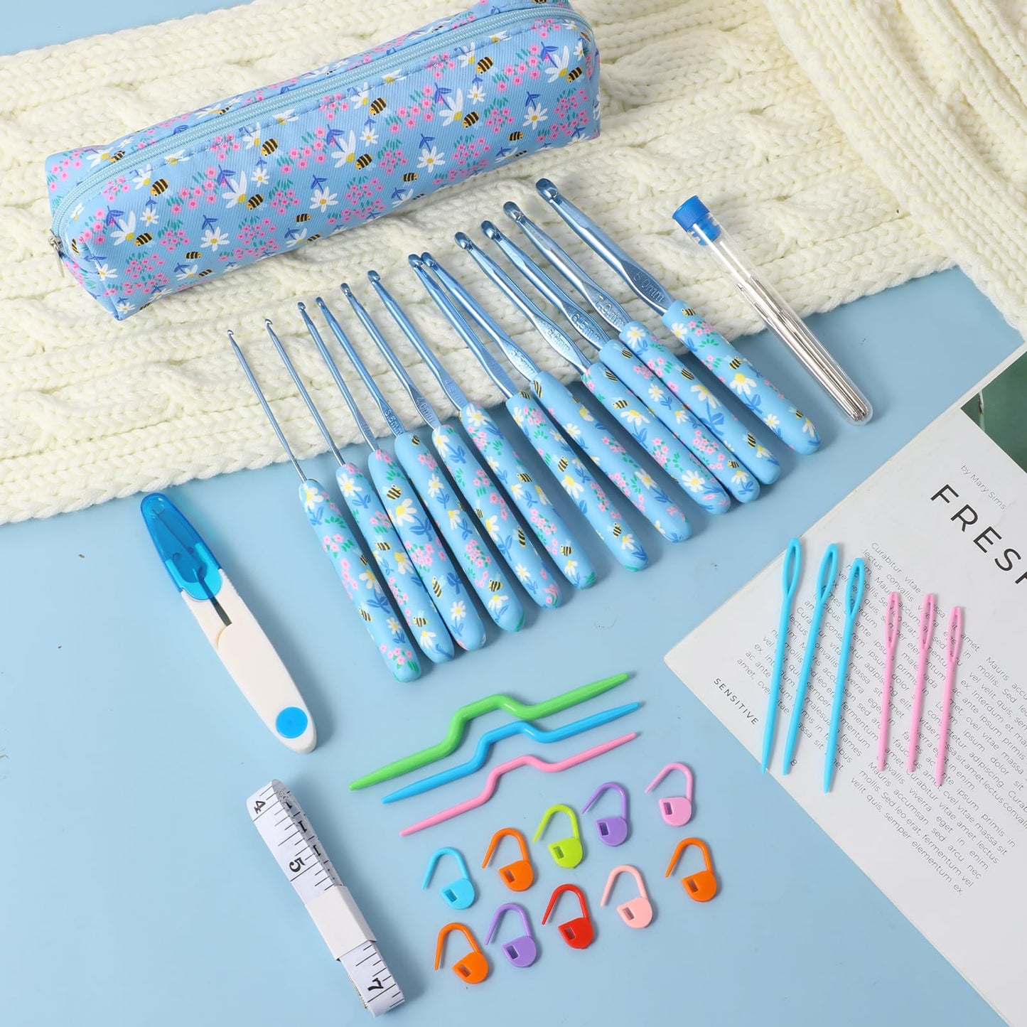 Looen Crochet Hooks Set, 12 Sizes 2.0mm(B)-8.0mm(N) Ergonomic Handle for Arthritic Hands, Soft Rubber Grip Knitting Needles Kit for Crochet Beginners, Knitting Enthusiasts (Sky Blue)