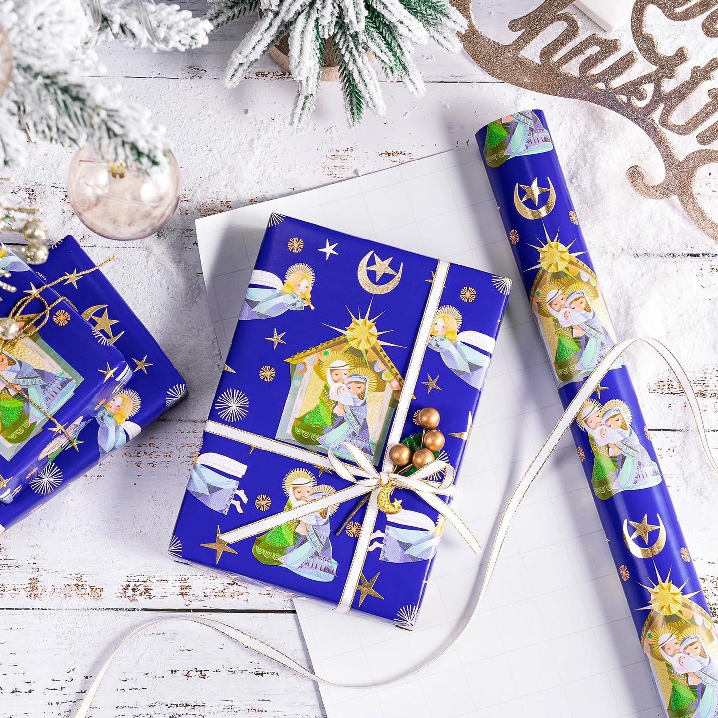 Christmas Wrapping Paper - Mini Roll - 17 Inch x 33 Feet - Blue Little Angel Wrapping Paper for Christmas, Holiday, Party Celebration