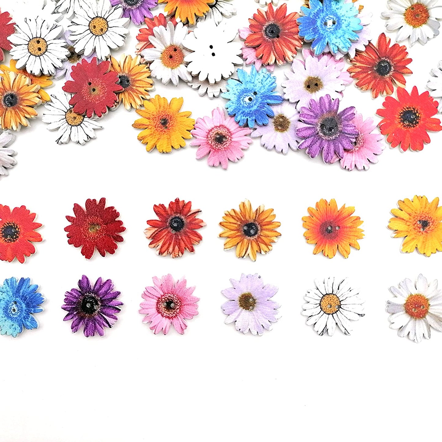 Alfykym 100Pcs Wood Daisy Buttons Painted Wooden Flower Buttons for Crafts Sunflower Wood Buttons 2 Holes Flatback Flower shaped Buttons