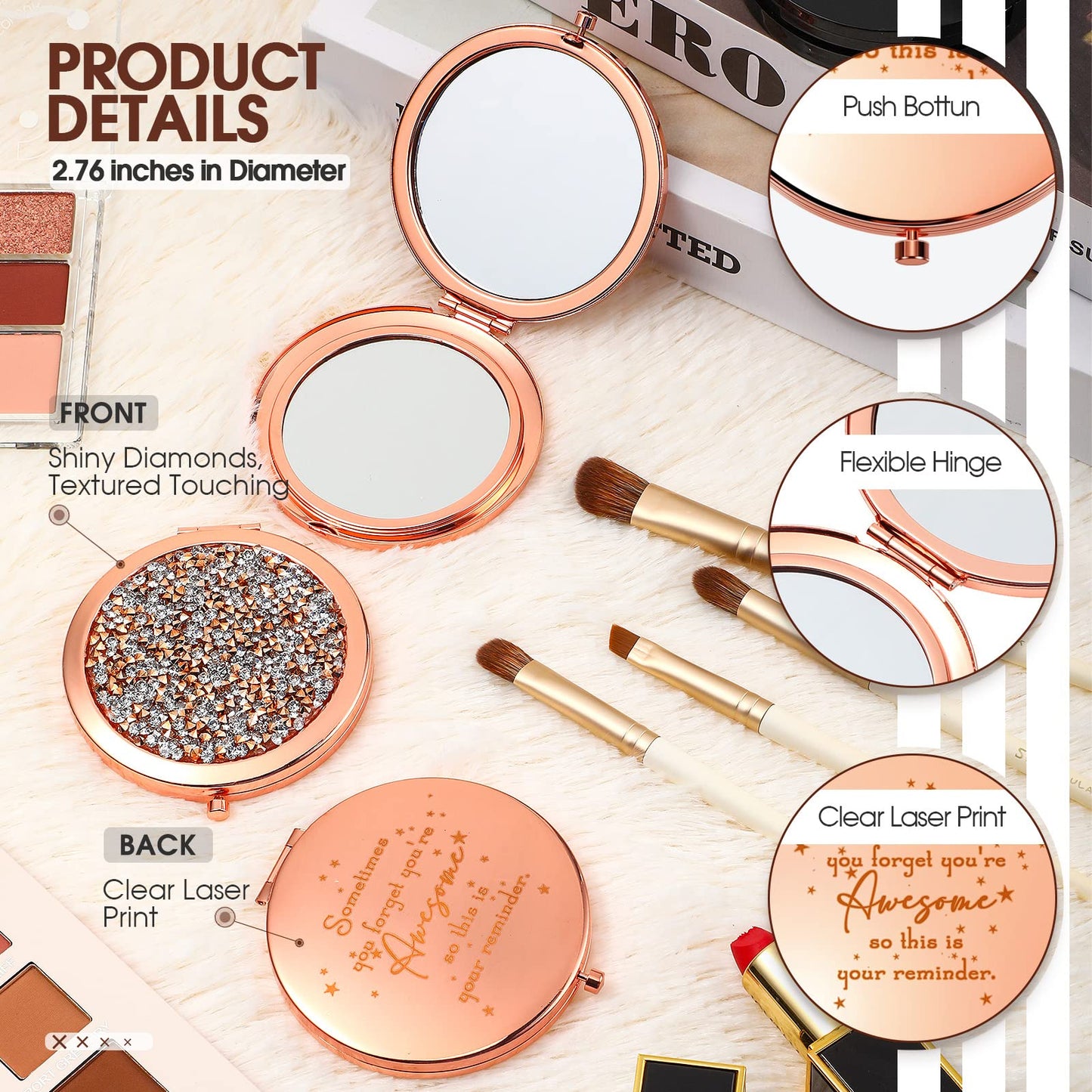 Roowest 10 Pcs Inspirational Compact Mirror Bulk You're Awesome Reminder Appreciation Gifts for Women Employee Coworker Friends Sisterhood Mothers Day Party Favors Pocket Mirrors (Rose Gold)