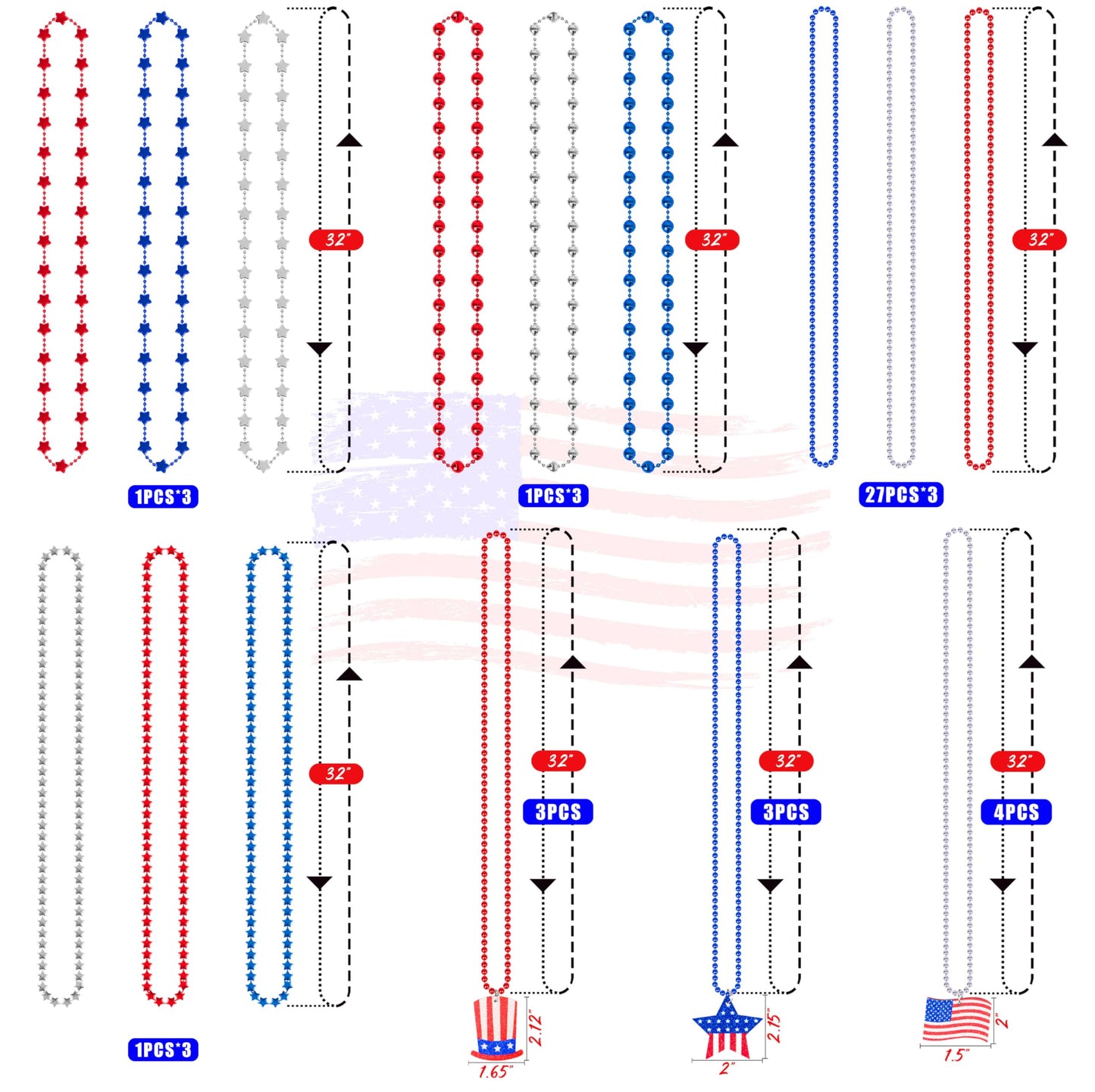 100PCS 4th of July Accessories Necklaces: Blue White and Red Beads Bulk, Patriotic Party Independence Memorial Day Favors Toys Decorations