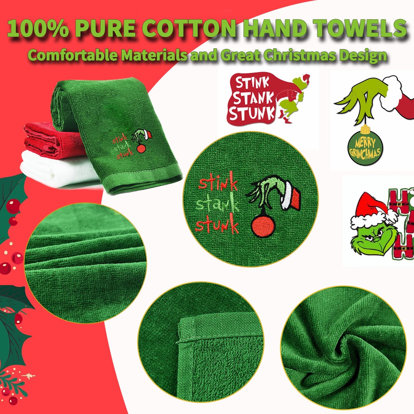 Malldii Large Size Christmas Hand Towels 16" x 27", 100% Pure Cotton Bathroom Decorative Towels Washcloths Kitchen Merry Christmas Towels Perfect Christmas Decor, Pack of 3