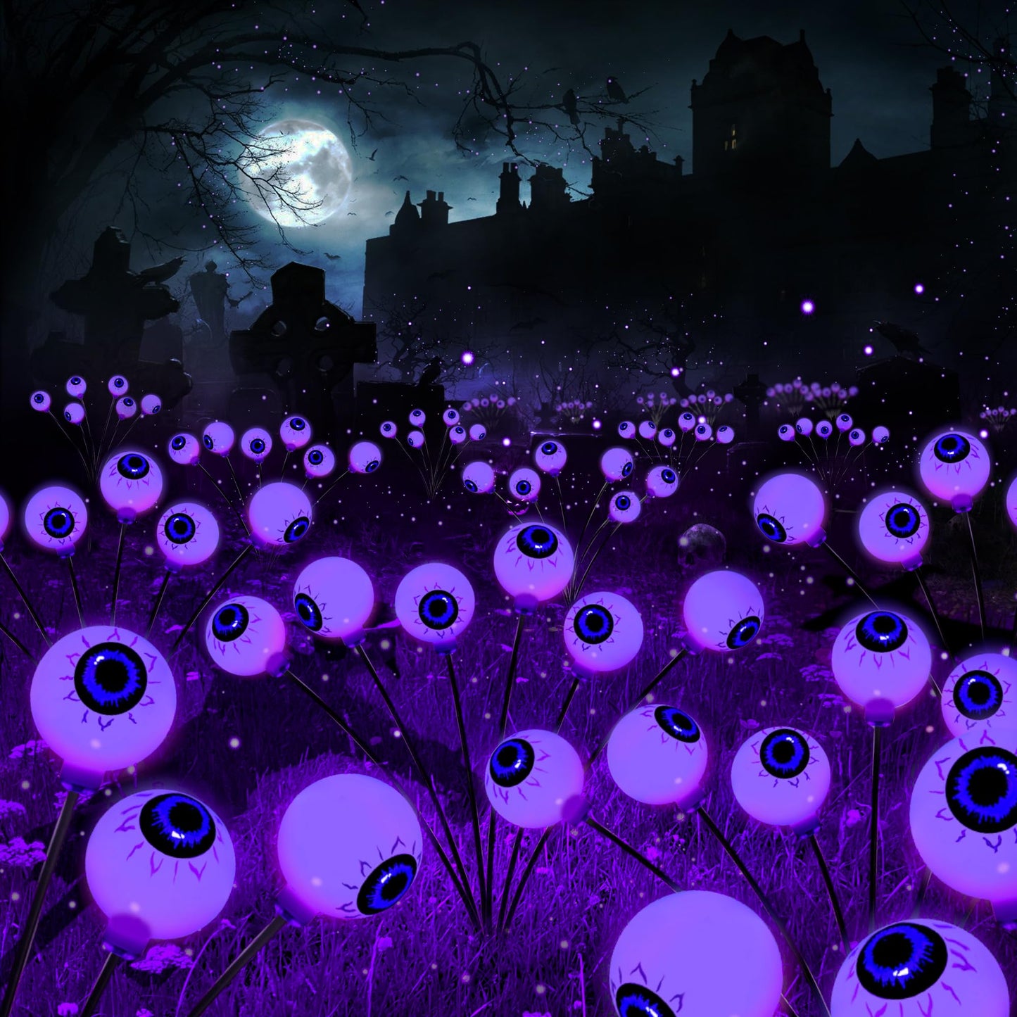 Brizled Purple Solar Halloween Lights, 2 Pack Total 12 LED Halloween Eyeball Lights, 2 Modes Outdoor Purple Swaying Firefly Light Waterproof Scary Pathway Lighting for Outside Garden Yard Lawn Path