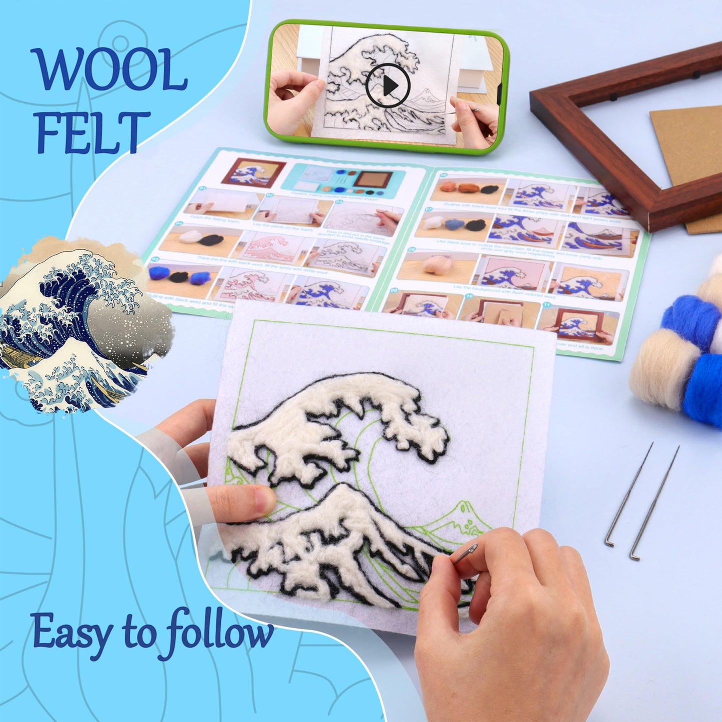 Needle Felting Kit for Beginners - Wool Felt Painting Gifts for Girls Kids Adults, The Great Wave…