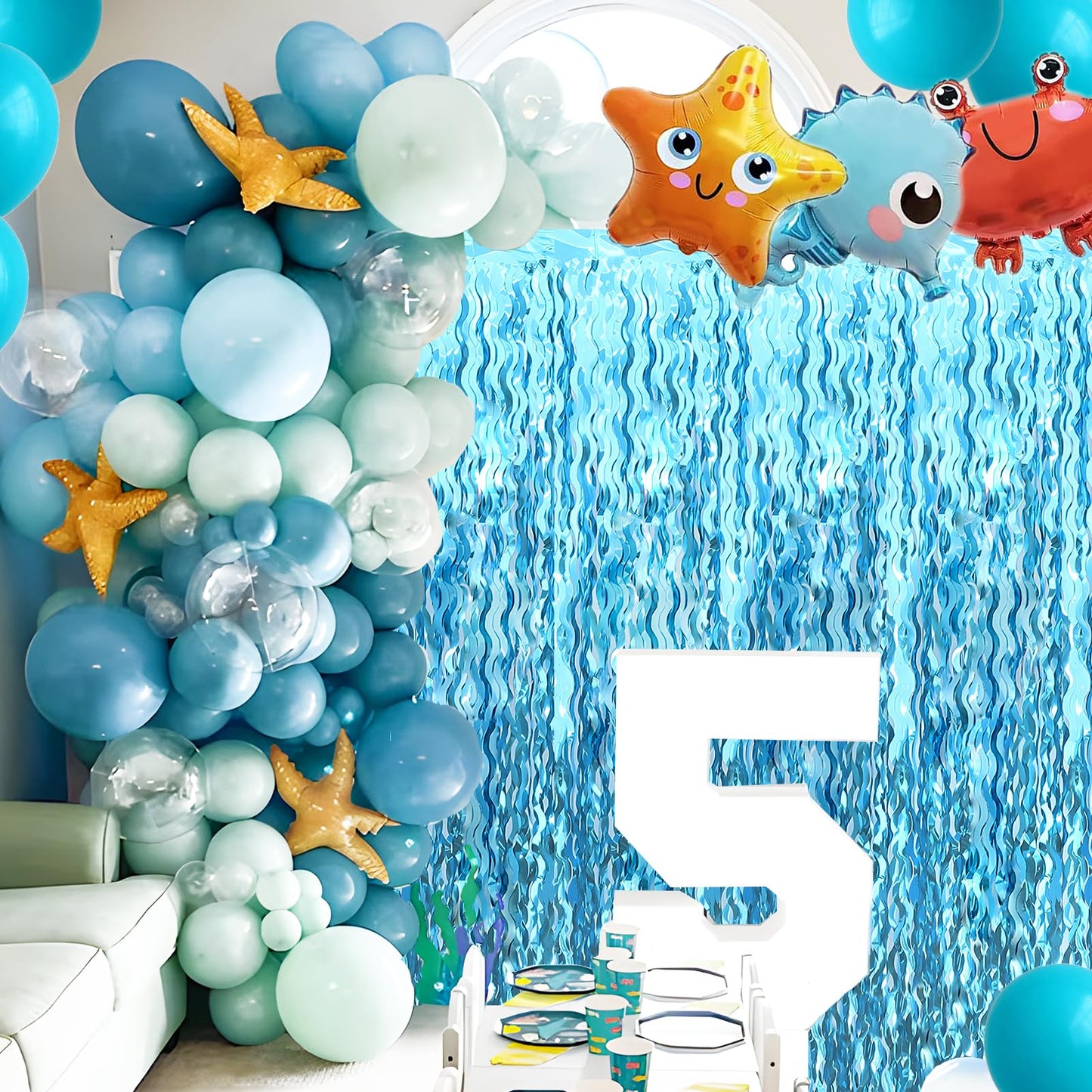 Wavy Tinsel Foil Fringe Curtains 3 pcs Teal Blue Backdrop for Mermaid Birthday,Under The Sea Party,Baby Shark Birthday Decorations(3.2 ft x 6.6 ft)