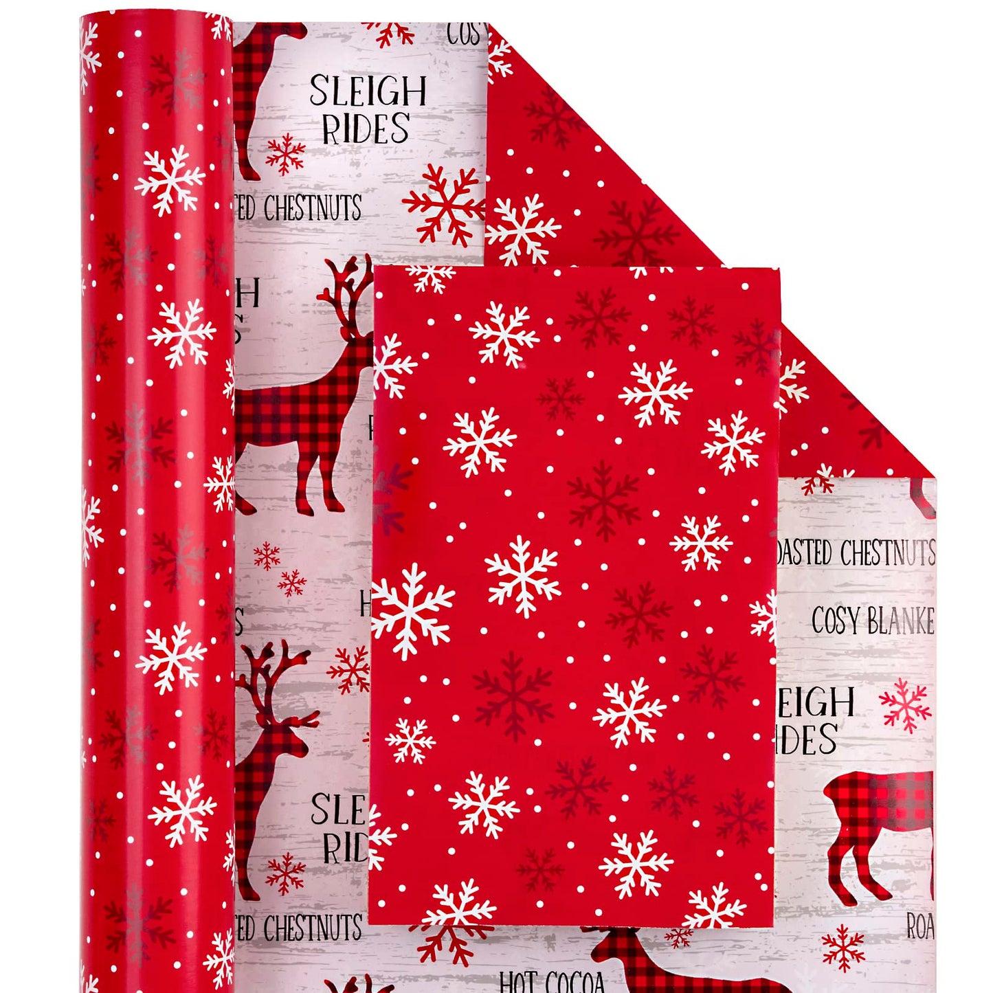 Reversible Christmas Wrapping Paper Roll - Mini Roll - 17 Inch x 33 Feet - Red White Reindeer and Snowflake Wrapping Paper for Christmas, Holiday, Party