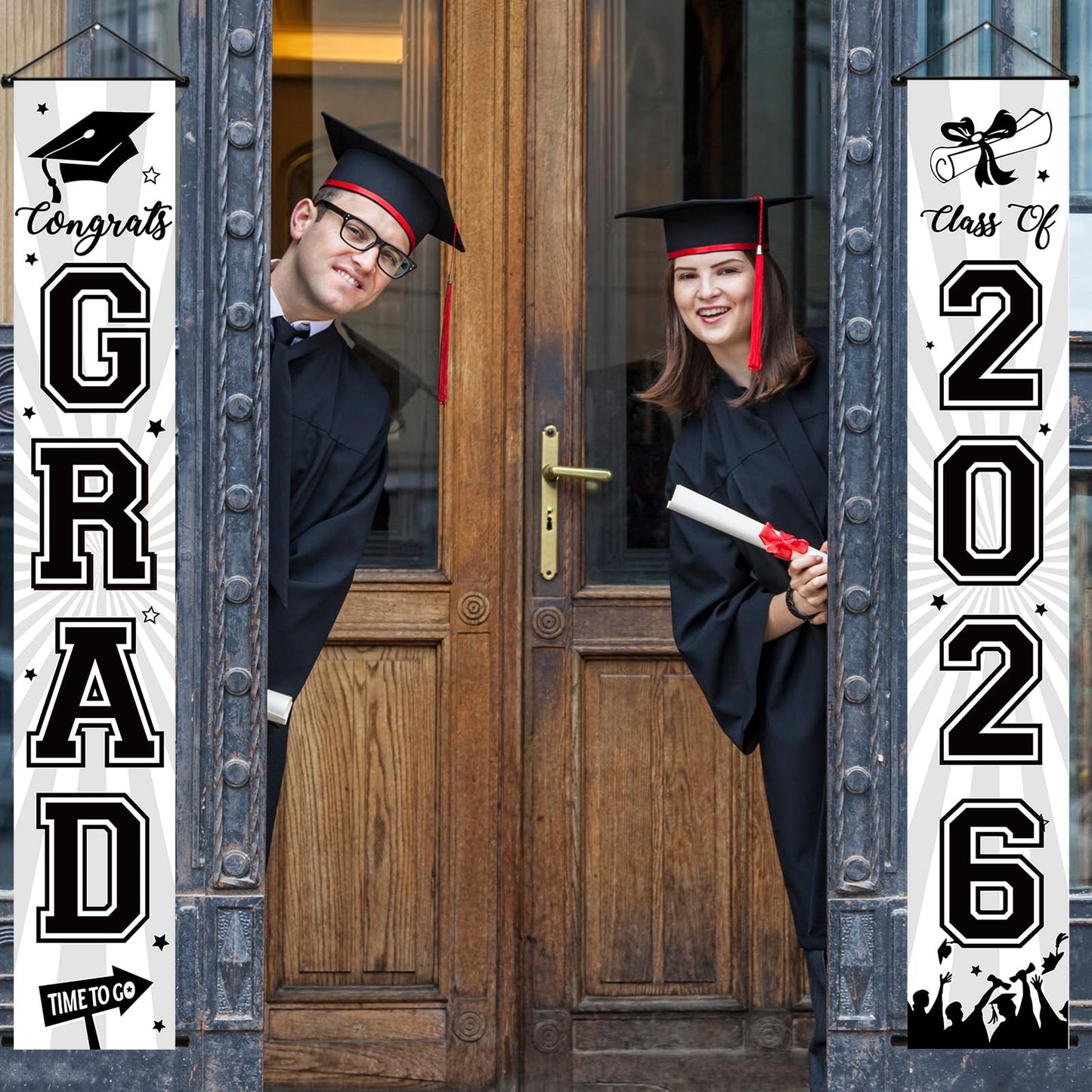 Graduation Banner 2026 Graduation Decorations Black and White Grad Banner Porch Sign Class of 2026 Door Decor Congrats Hanging Backdrop Black White Grad Party Decor for School Congratulations Supplies