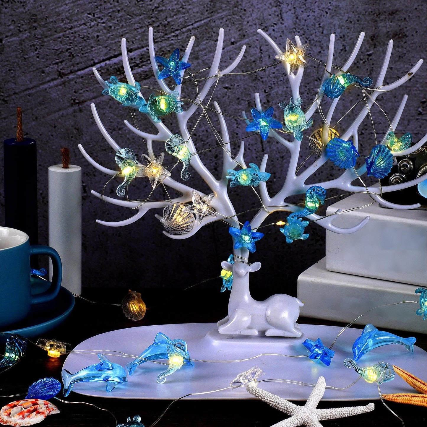 Zhanmai 2 Pcs Ocean Decor String Lights for Bedroom Nautical Theme Seashell Seahorse Conch 10ft 30 LED Battery Operated String Lights for Xmas Tree Ornaments Birthday Holiday Party Decor