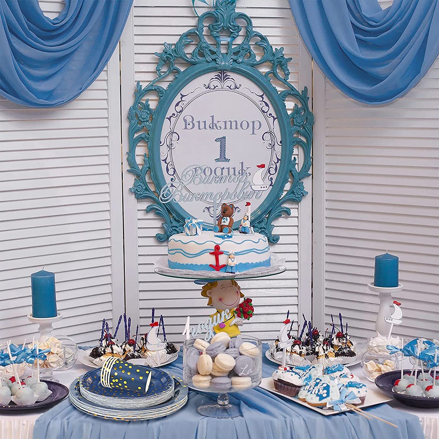 160PCS Disposable Cutlery Set for 20 Guests Blue and Gold Party Cutlery Set Includes Dinner Plate Salad Plate Napkin Cup Knife Fork Spoon for Birthday Party Wedding