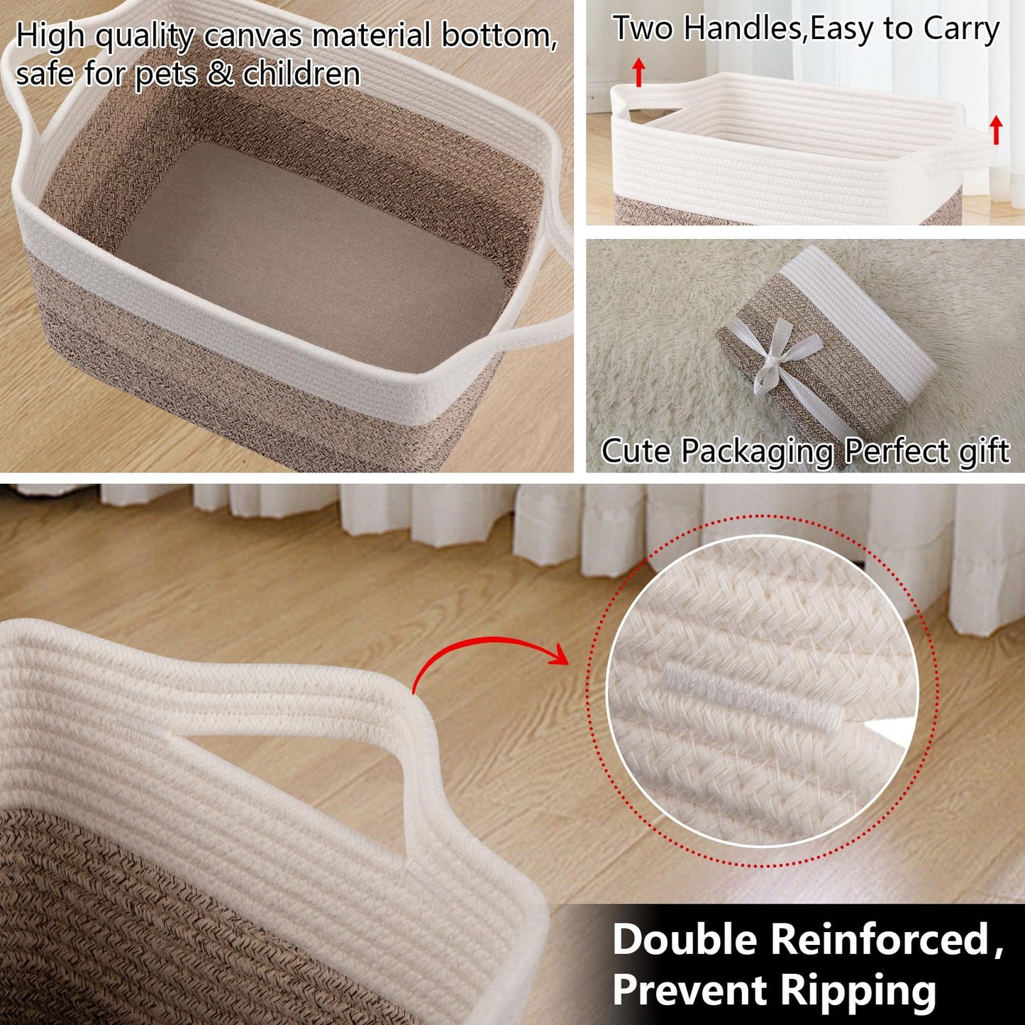 OIAHOMY Cotton Rope Storage Basket for Shelves, Baskets for Organizing, Rectangle Storage Bins with Handles, Woven Toy Baskets for Nursery Room, 13×9.85"×8.7", Brown