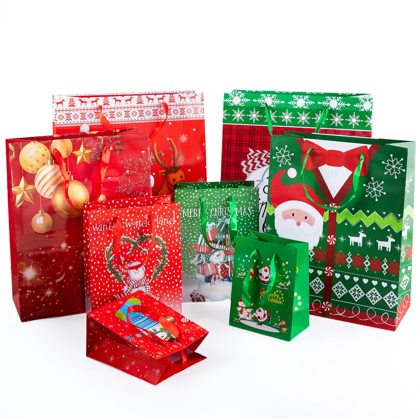24 PCS Christmas Gift Bags Assorted Size, Featuring Snowman with Presents, Santa reindeer Socks Snowflake Holiday Designs – Perfect for Festive Wrapping Gifts, 6 X-Large, 6 Large, 6 Medium, 6 Small