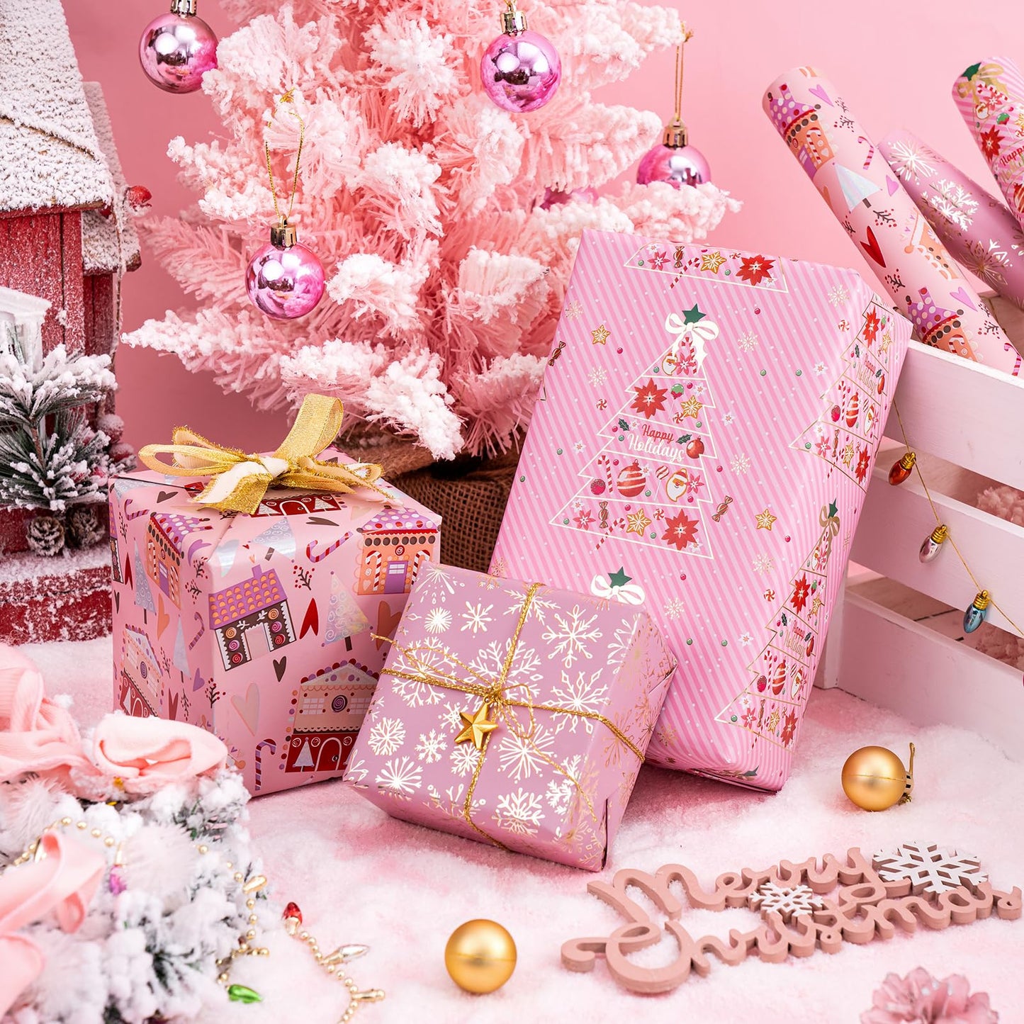 Christmas Wrapping Paper Roll - Mini Roll - 3 Rolls - 17 Inch X 120 Inch Per Roll - Pink Christmas tree, House, Snowflake Holiday Collection